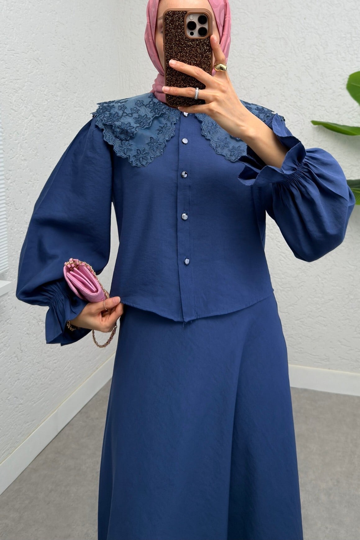 Baby Collar Scalloped Sleeve Blouse and Flared Skirt Set - Navy - Podyumplus - by Peralane - photo 4