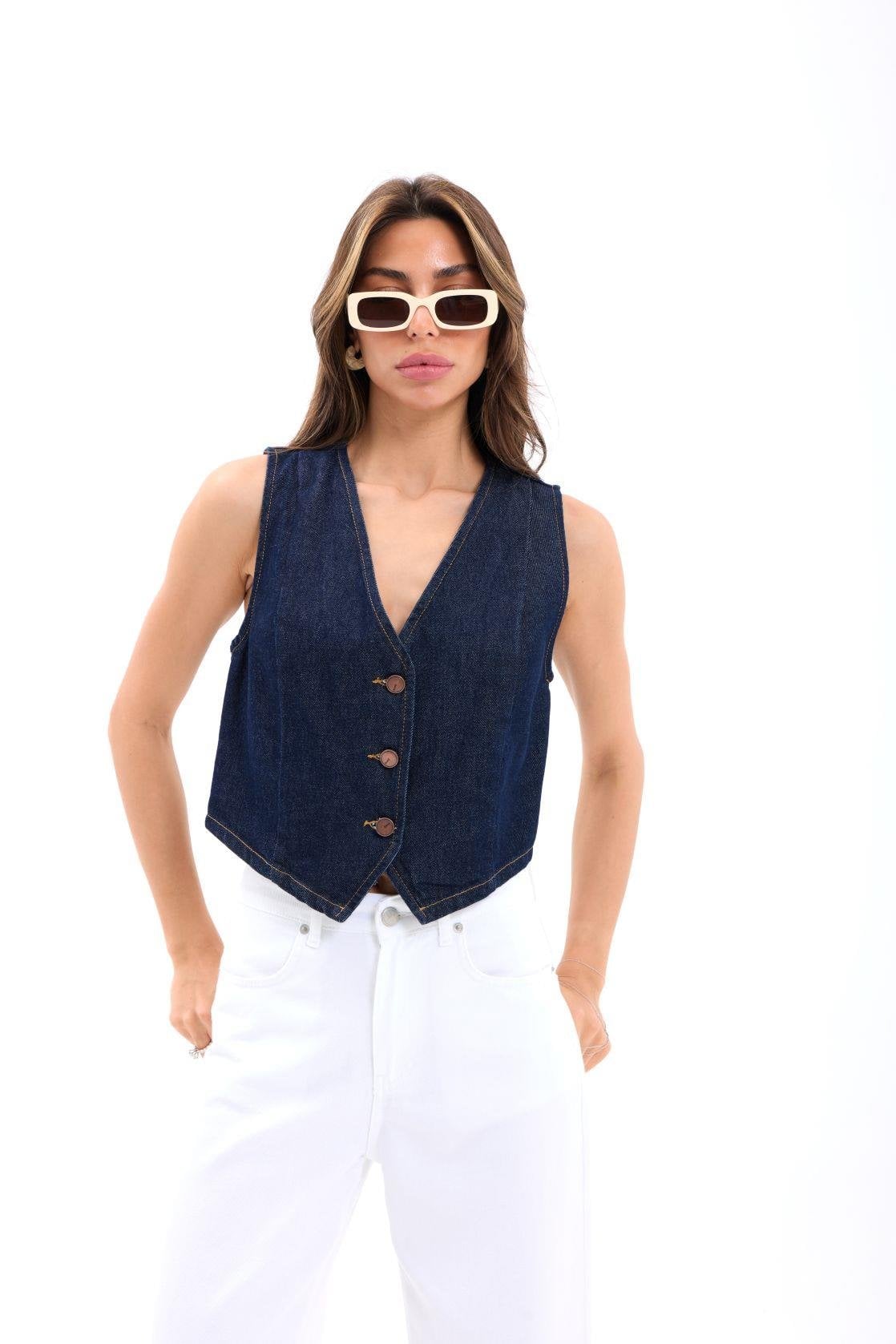 Women's Dark Blue Denim Vest - 100% Cotton - Fame - by Peralane