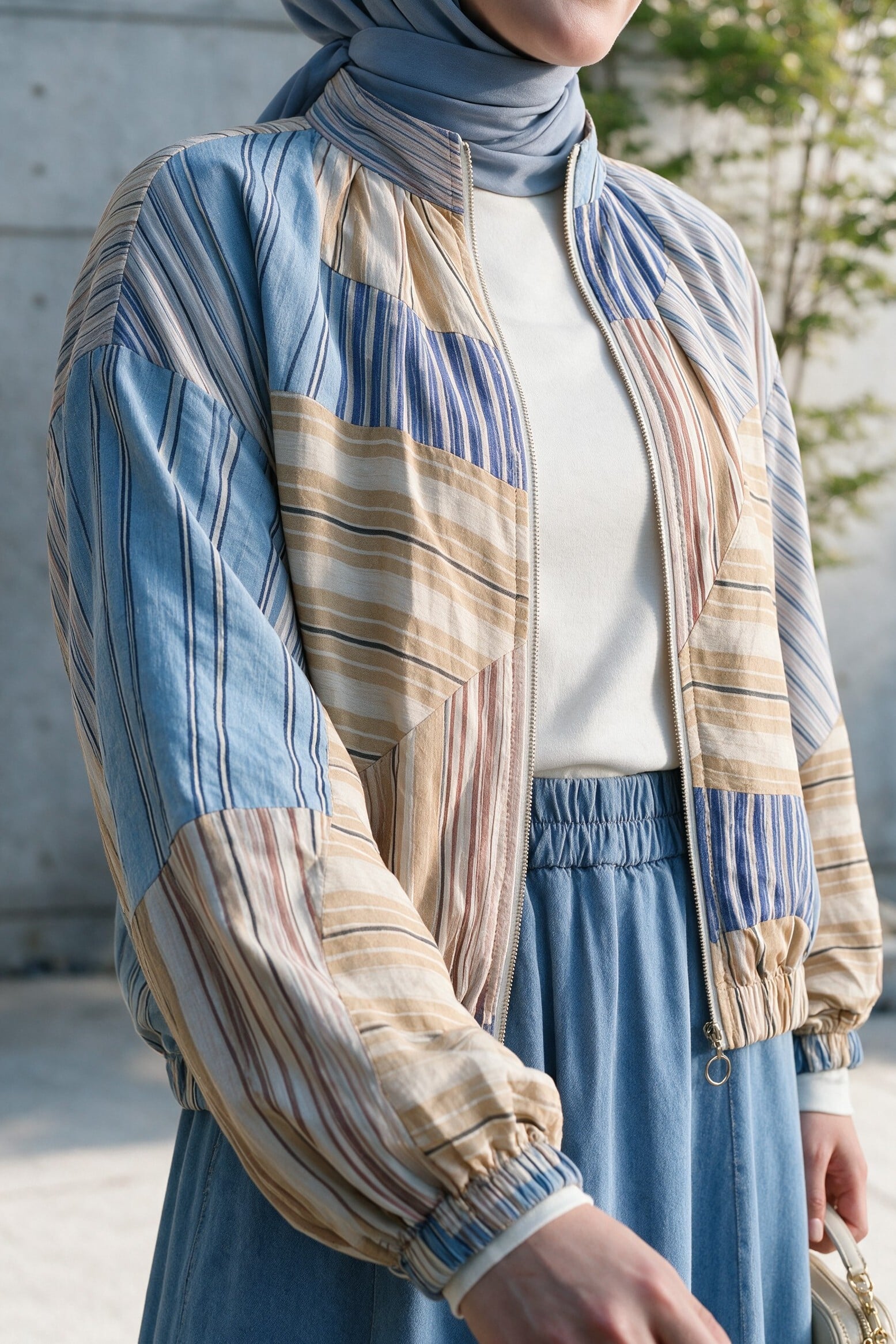Zip-Front Patchwork Bomber Jacket - Light Blue - Podyumplus - by Peralane - photo 3