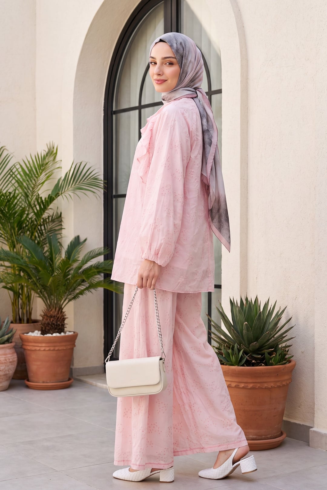 Crew Neck Frill Front Lined Voile Set - Powder - Podyumplus - by Peralane - photo 3