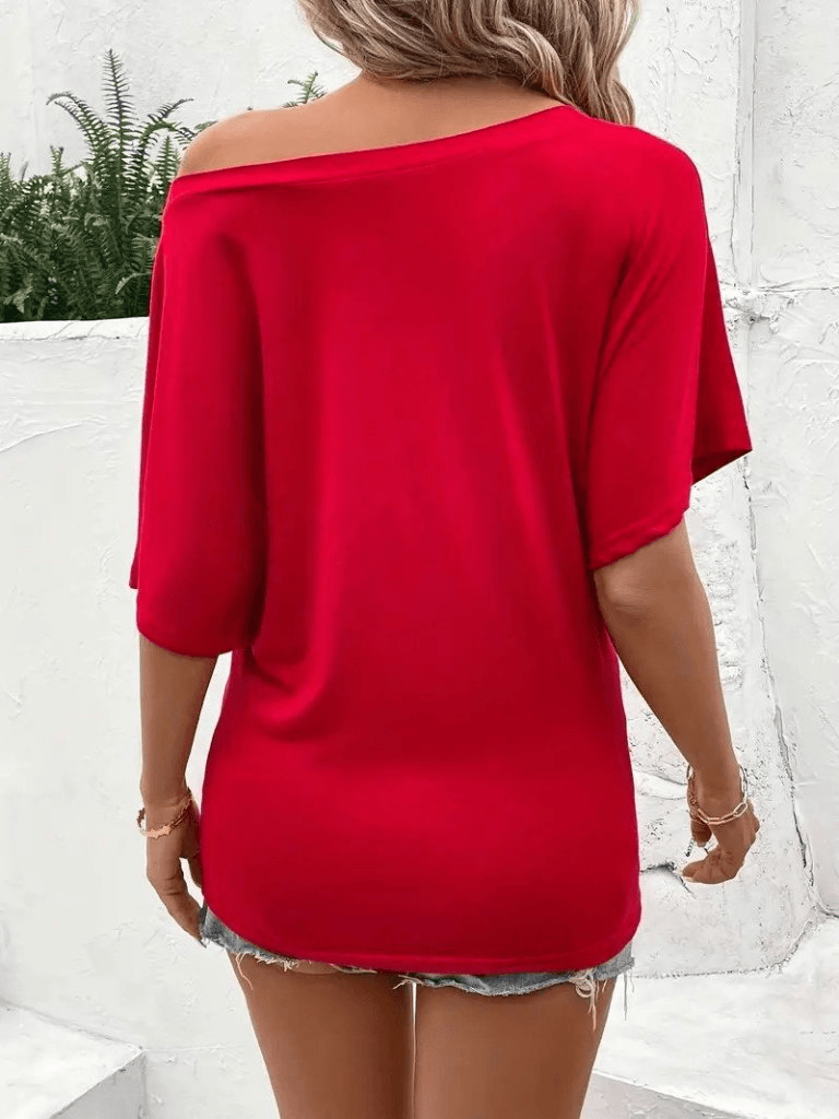 Women's Off-Shoulder Short-Sleeve Jersey T-Shirt in Red - Janes - by Peralane - photo 5