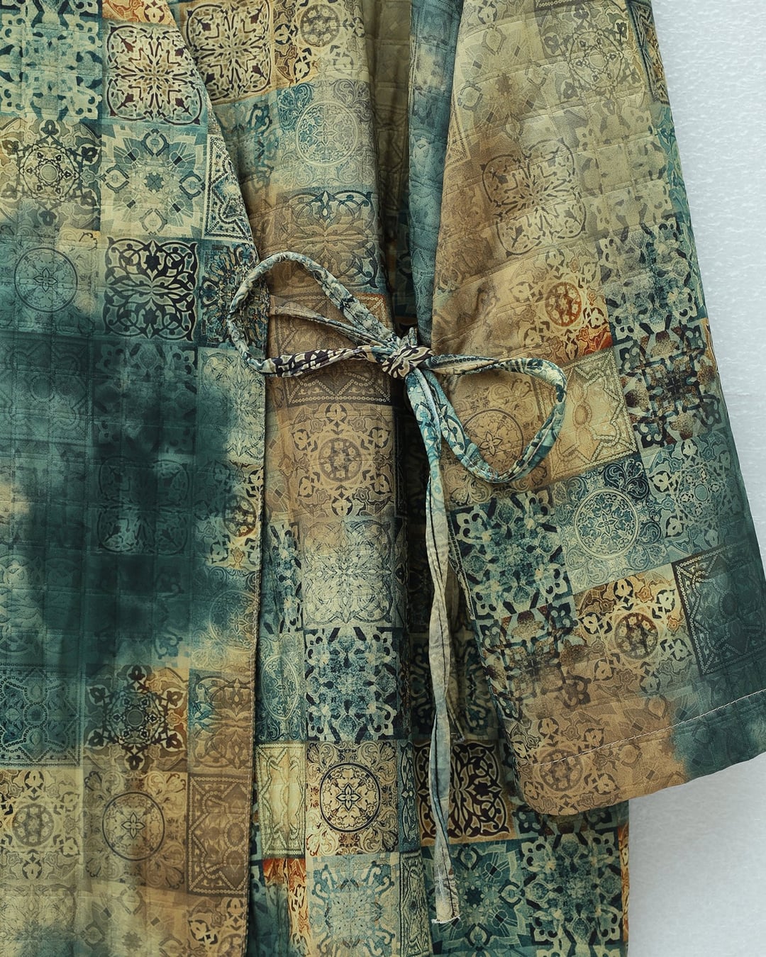 Quilted Patterned Kimono with Tie Waist and Pockets - Khaki - Podyumplus - by Peralane - photo 5