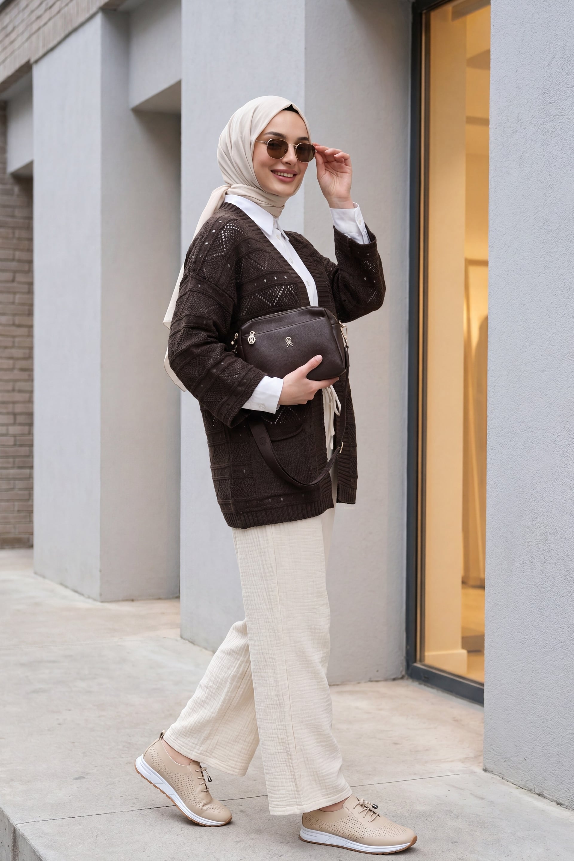 Double Pocket Openwork Spanish Sleeve Knit Cardigan - Dark Brown - Podyumplus - by Peralane - photo 3