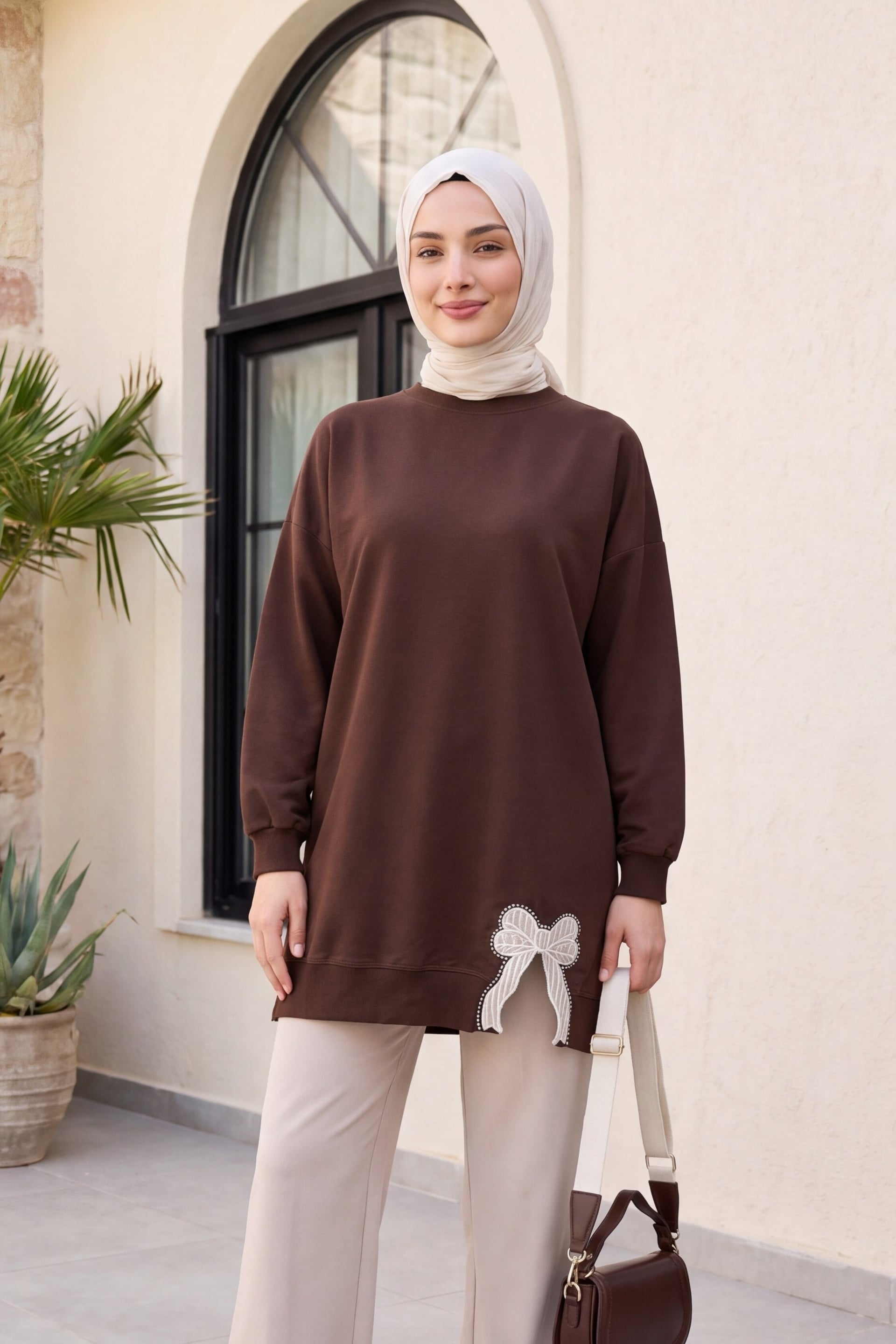 Crew Neck Bow Detail Casual Jersey Tunic - Brown - Podyumplus - by Peralane - photo 2