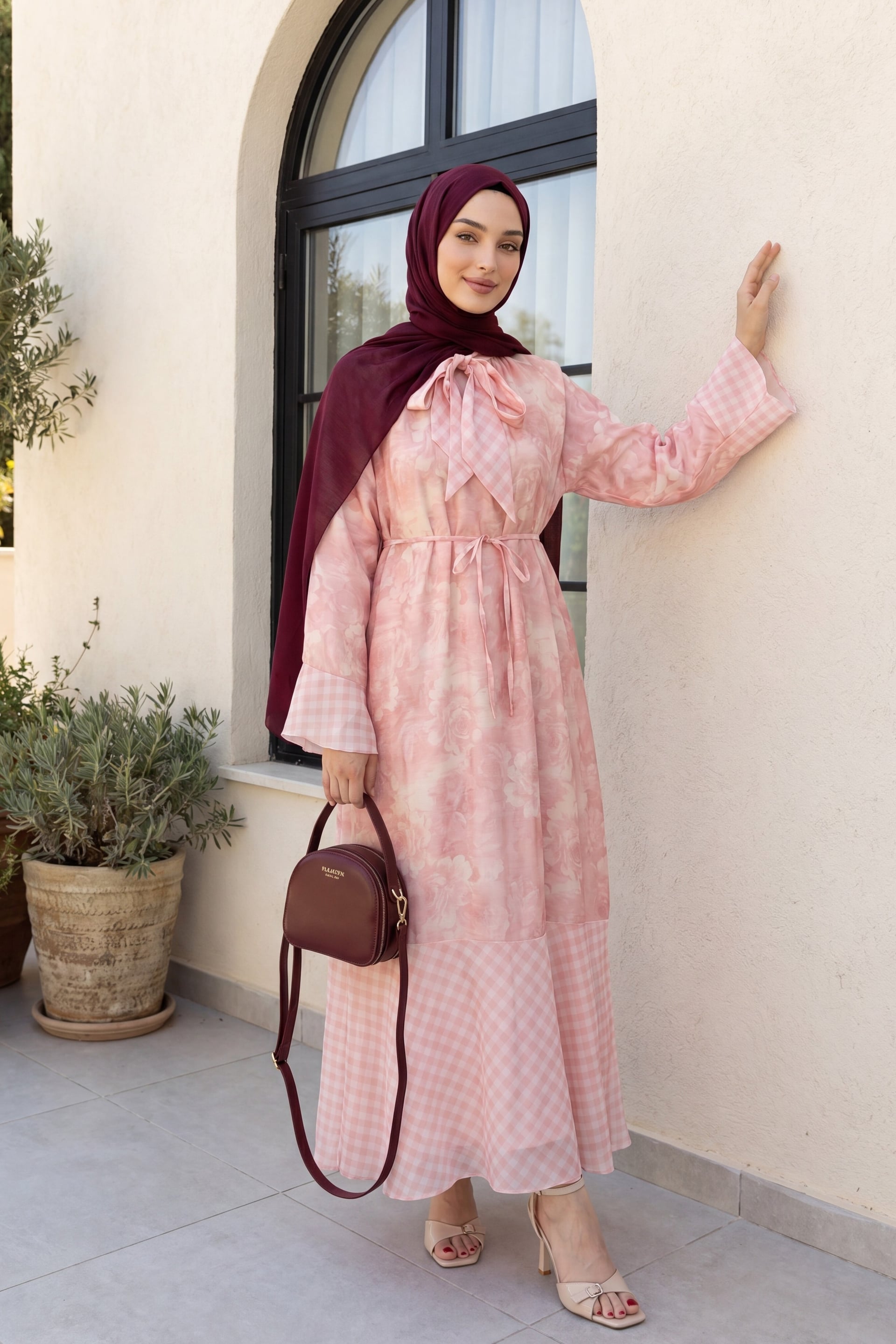 Women's Floral and Gingham Chiffon Dress with Tie Neck and Belt - Salmon - Podyumplus - by Peralane - photo 3