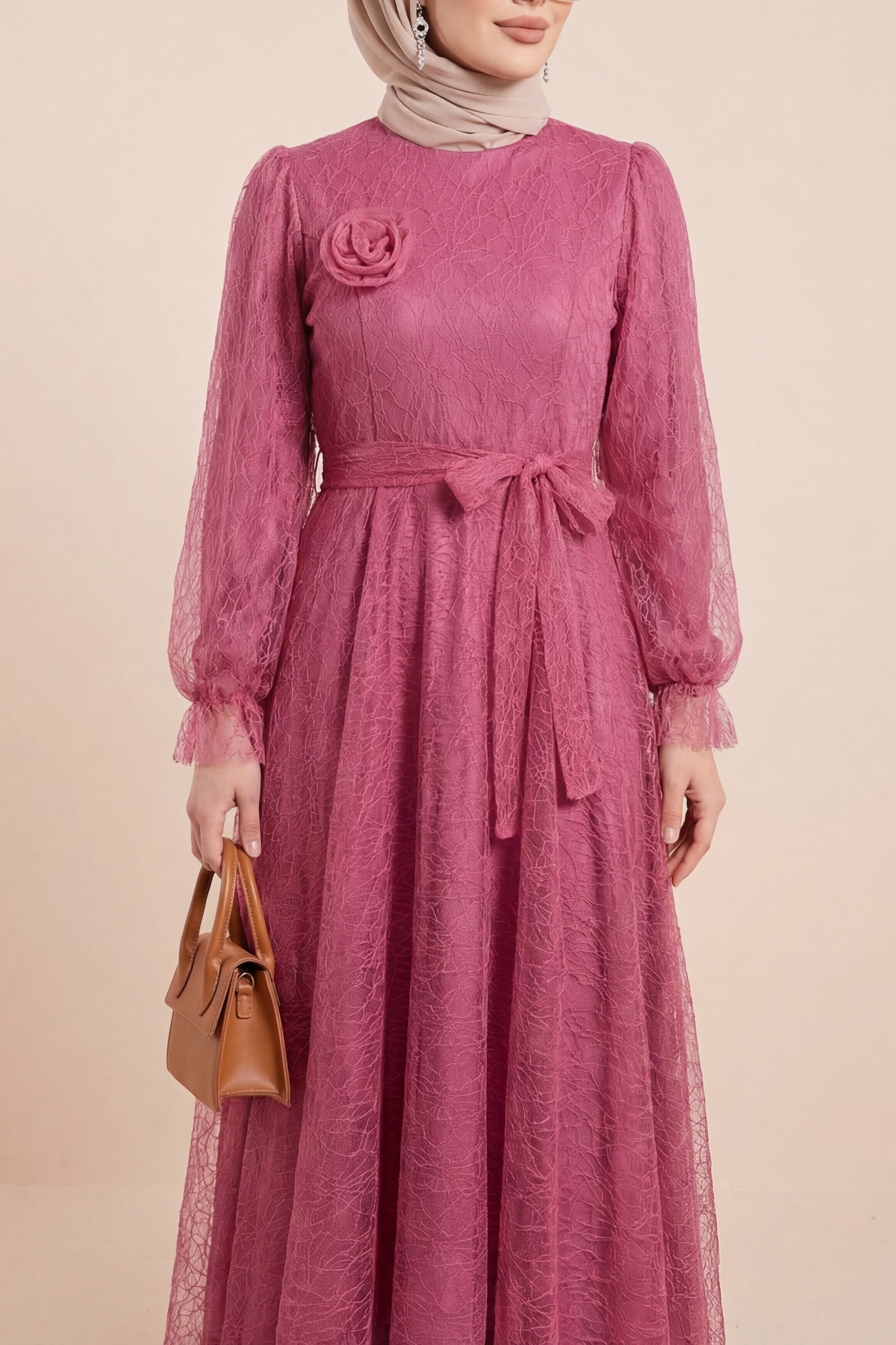 Sequin Tulle Evening Dress with Elastic Cuffs and Belt - Dusty Rose - Podyumplus - by Peralane - photo 2
