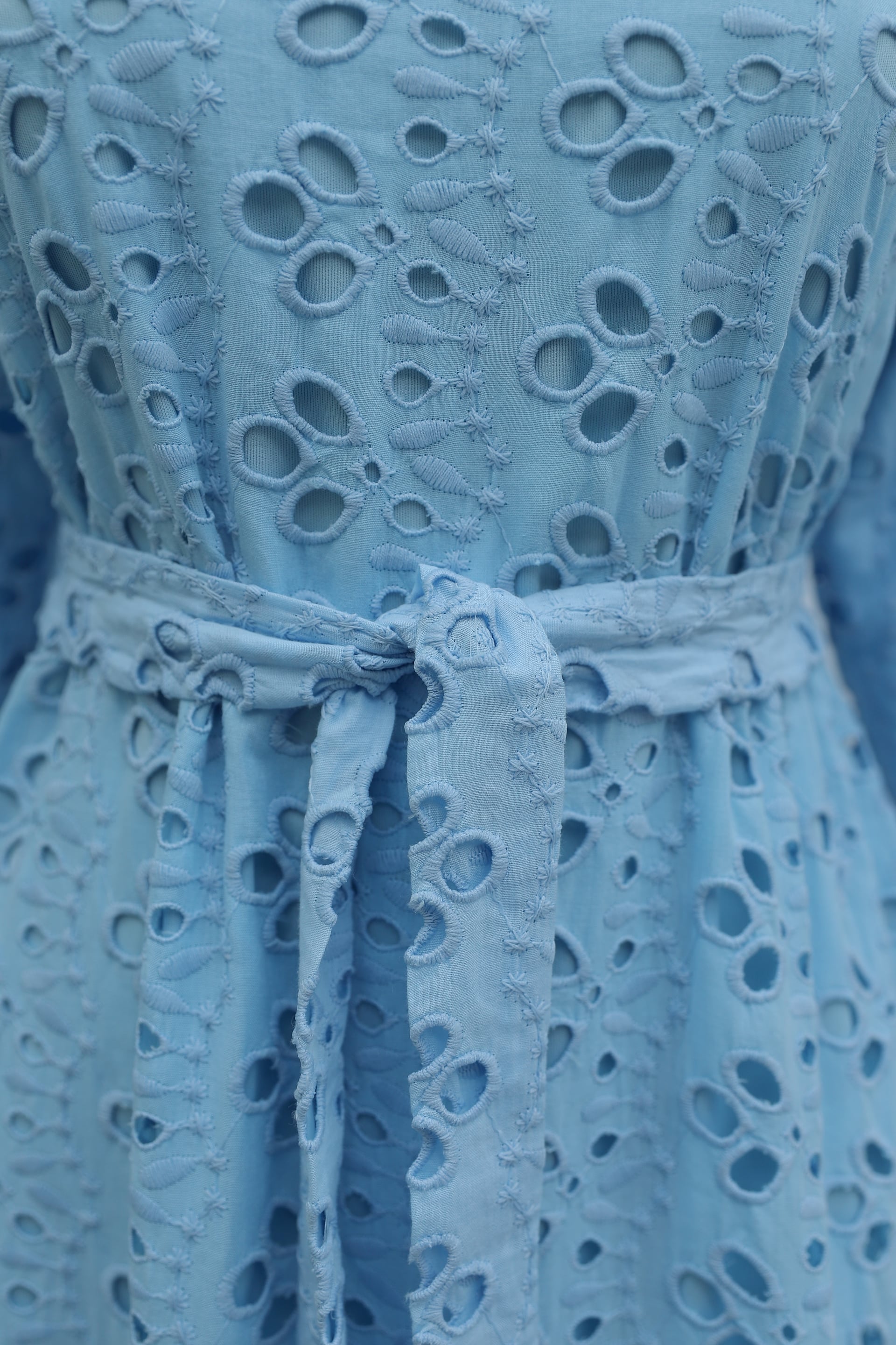 Light Blue Long-Sleeved Floral Eyelet Linen Dress with Tie Belt - Podyumplus - by Peralane - photo 7