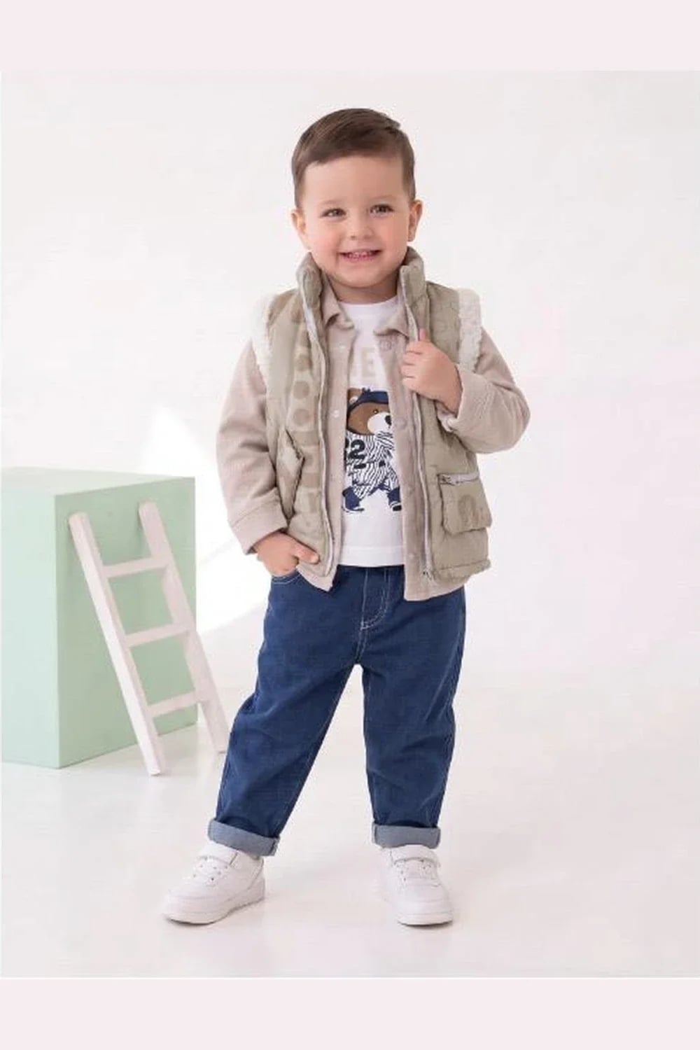 Boys' 4-Piece Beige and White Set with Gilet and Denim Jeans - Has Bereket - by Peralane
