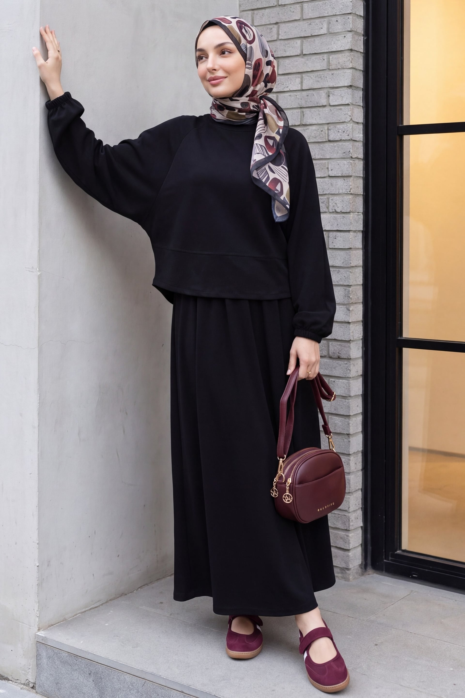 Black Biker Neck Batwing Sleeve Oversize Jersey Skirt Set - Podyumplus - by Peralane - photo 3