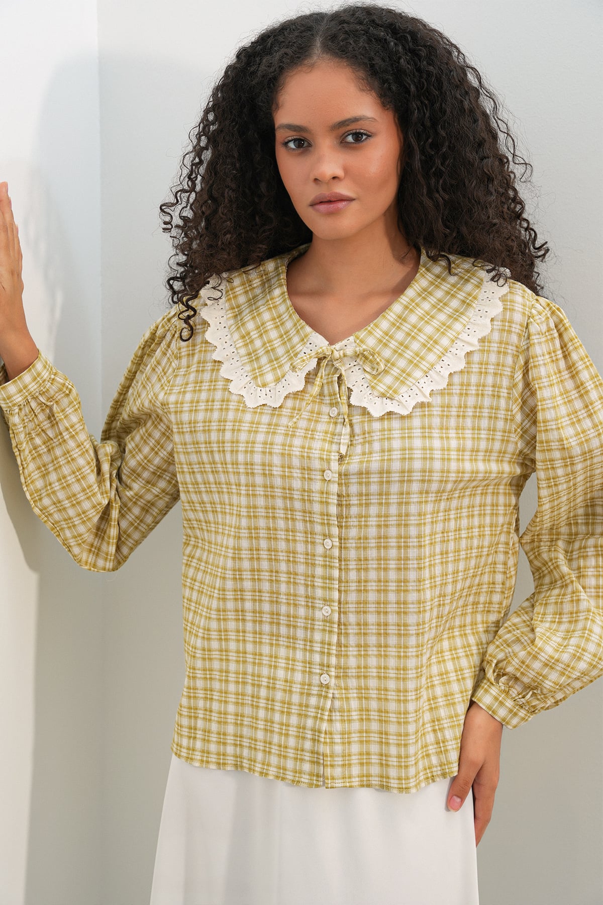 Women's Lace Collar Plaid Blouse 20387 - Yellow - Bigdart - by Peralane - photo 6