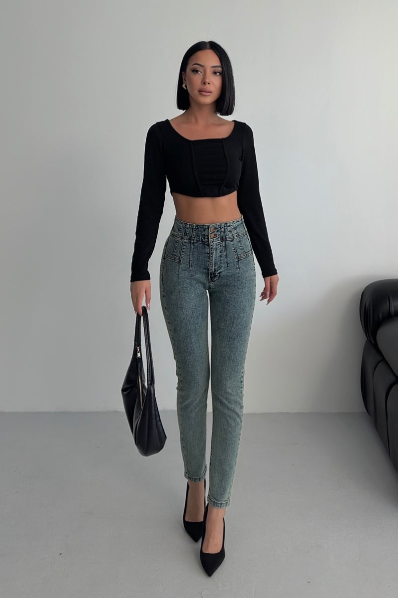 High-Waisted Skinny Fit Acid Wash Denim Jeans with Darting - Medium Blue Tint (Pack of 6) - Xlove - by Peralane - photo 4