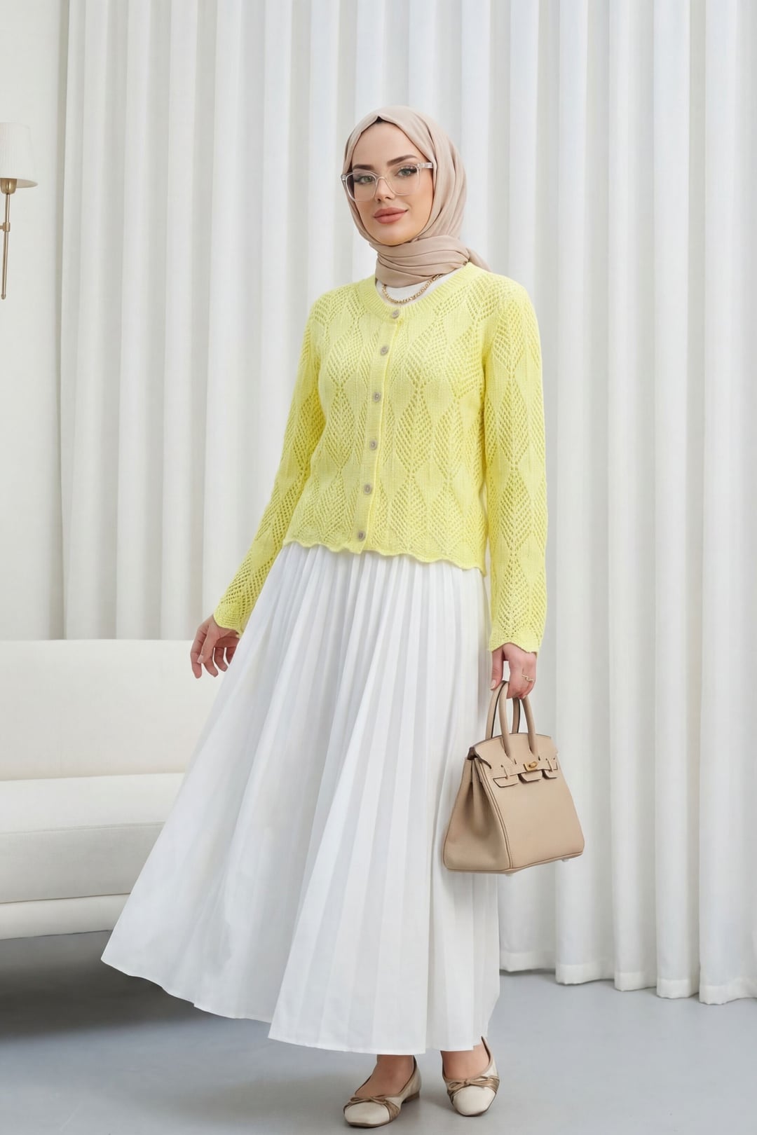 Leaf Pattern Crochet Knit Cardigan - Yellow - Podyumplus - by Peralane - photo 2