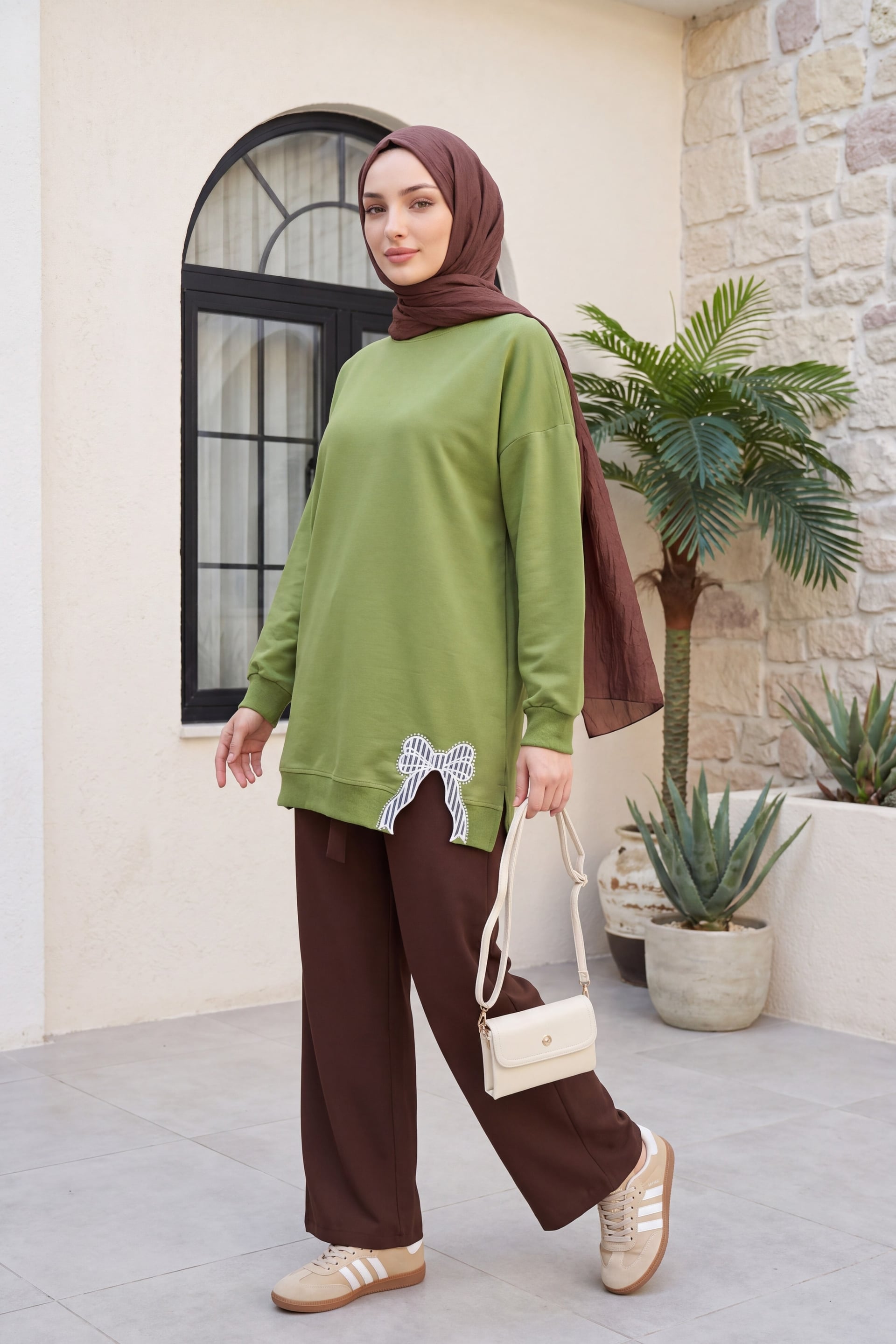 Round Neck Bow Detail Relaxed Cotton Tunic - Light Green - Podyumplus - by Peralane - photo 4