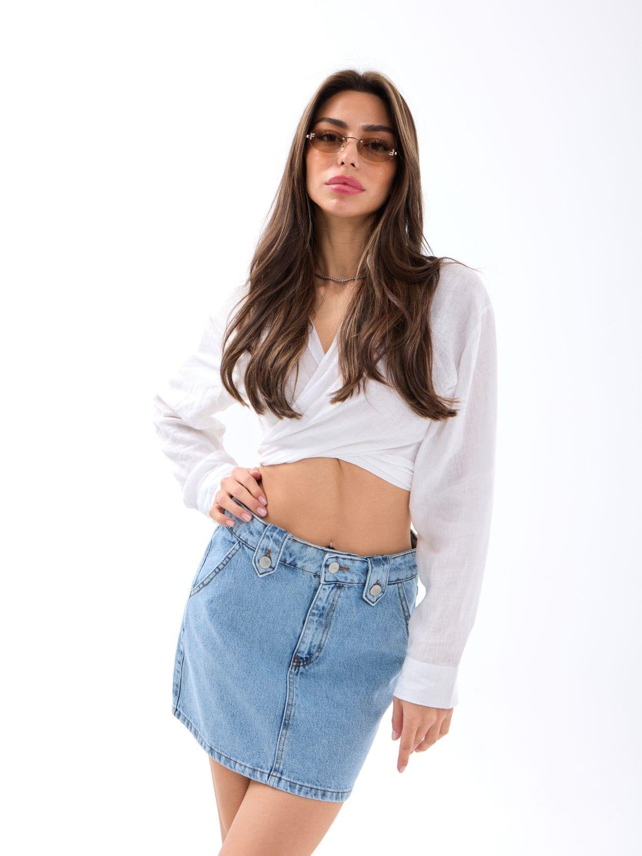 Women's Light Blue Denim Skirt with Five-Pocket Design - Fame - by Peralane
