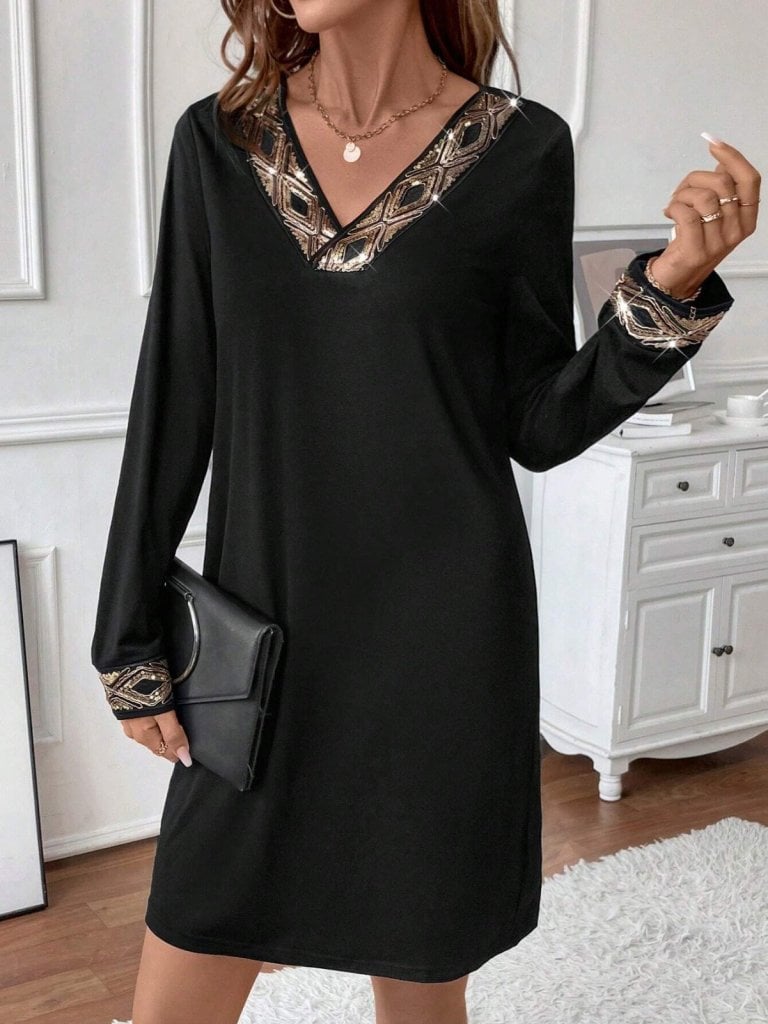 Women's Long Sleeve V-Neck Sequin Detail Mini Crepe Dress - Janes - by Peralane - photo 3