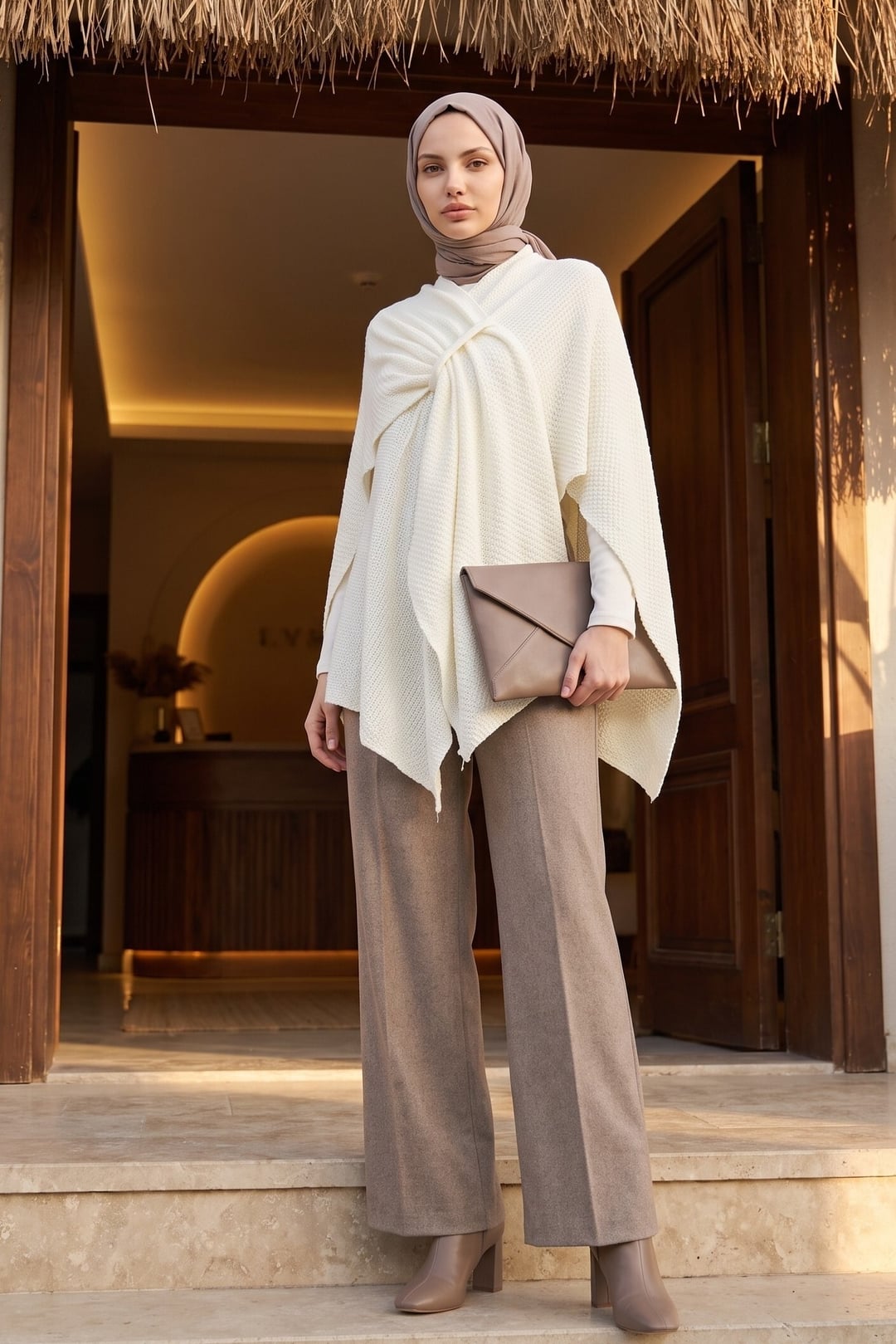 Relaxed Fit Knitted Poncho - White - Podyumplus - by Peralane - photo 3