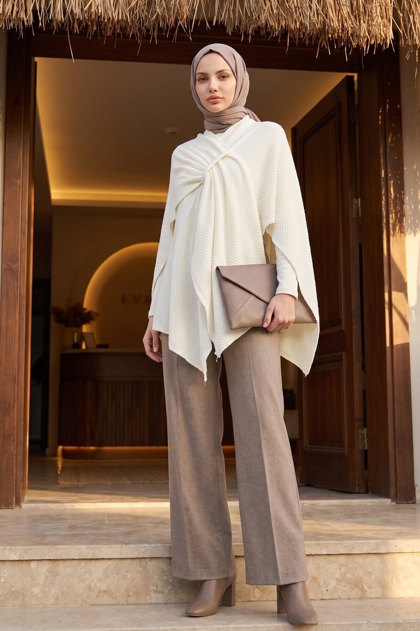 Relaxed Fit Knitted Poncho - White - Podyumplus - by Peralane - photo 3