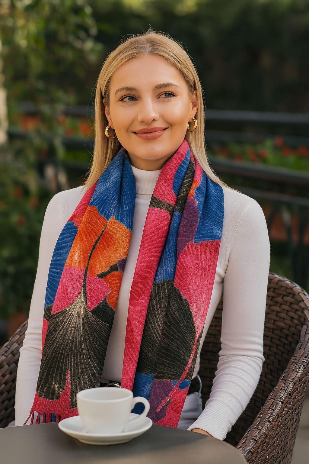 Fuchsia Patterned Fringed Scarf - 70x180 cm Polyester - Nesvay - by Peralane