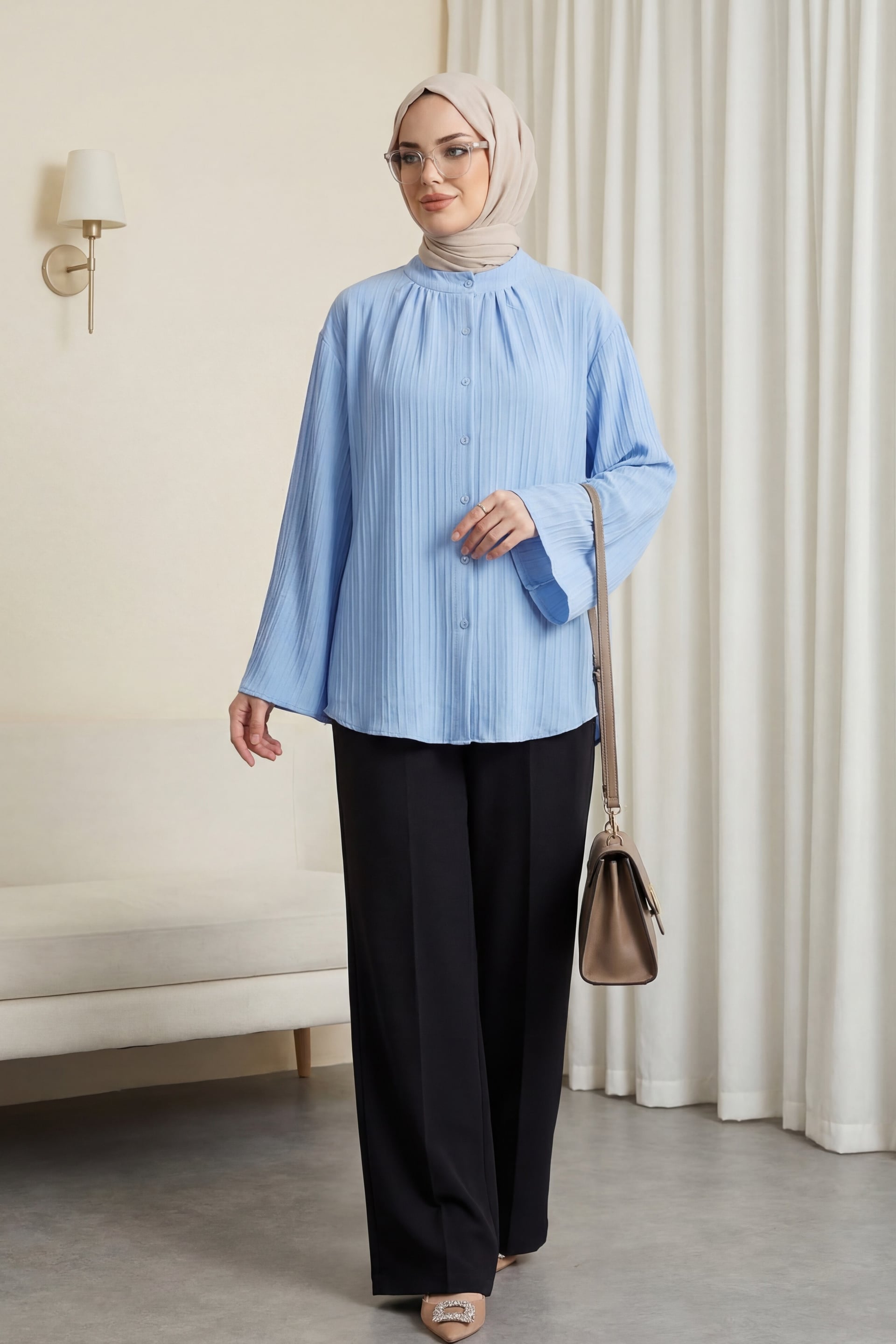 Round Neck Button-Up Spanish Sleeve Siena Tunic - Blue - Podyumplus - by Peralane - photo 6