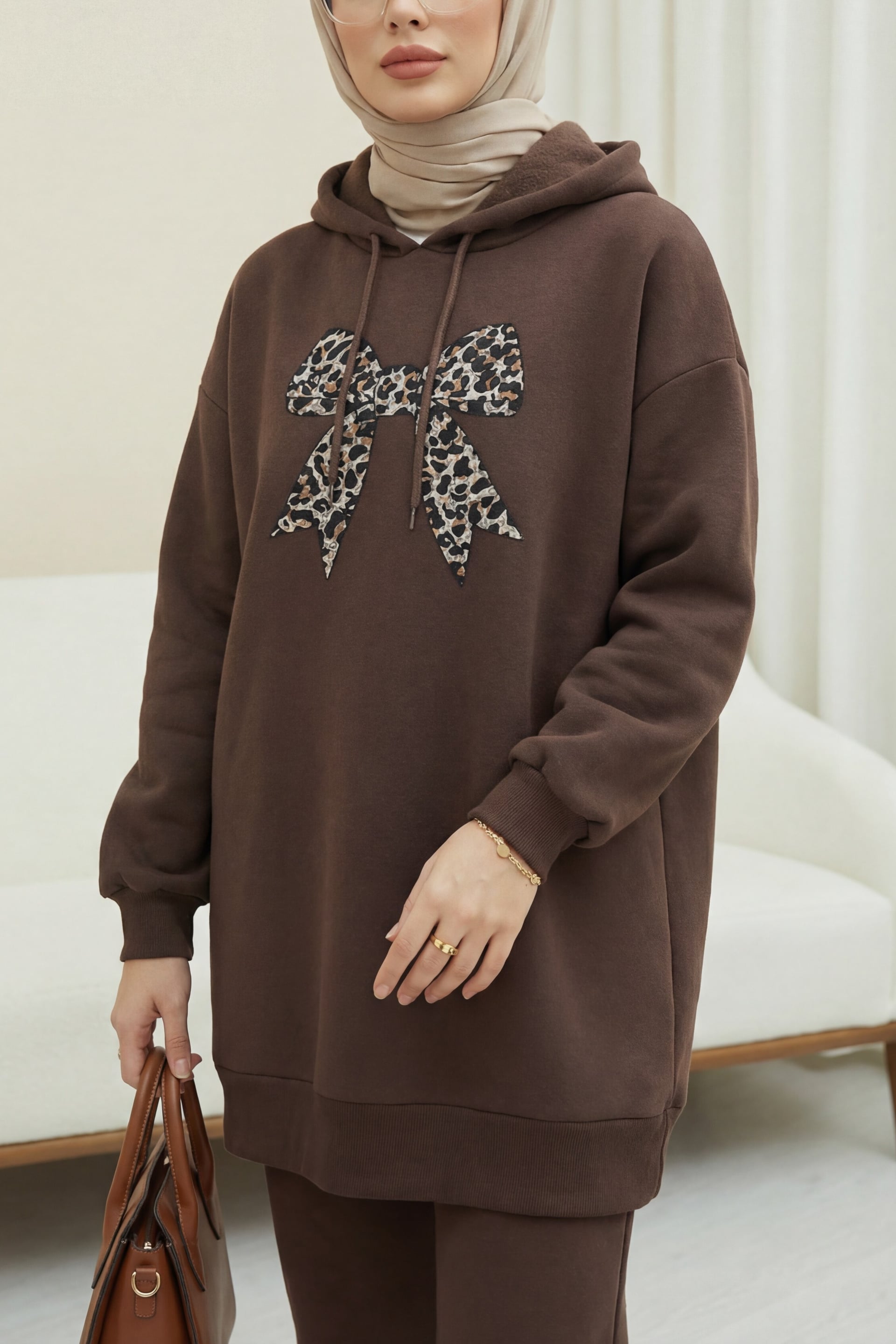 Bow Detail Hooded Sweatshirt with Trousers Set - Brown - Podyumplus - by Peralane