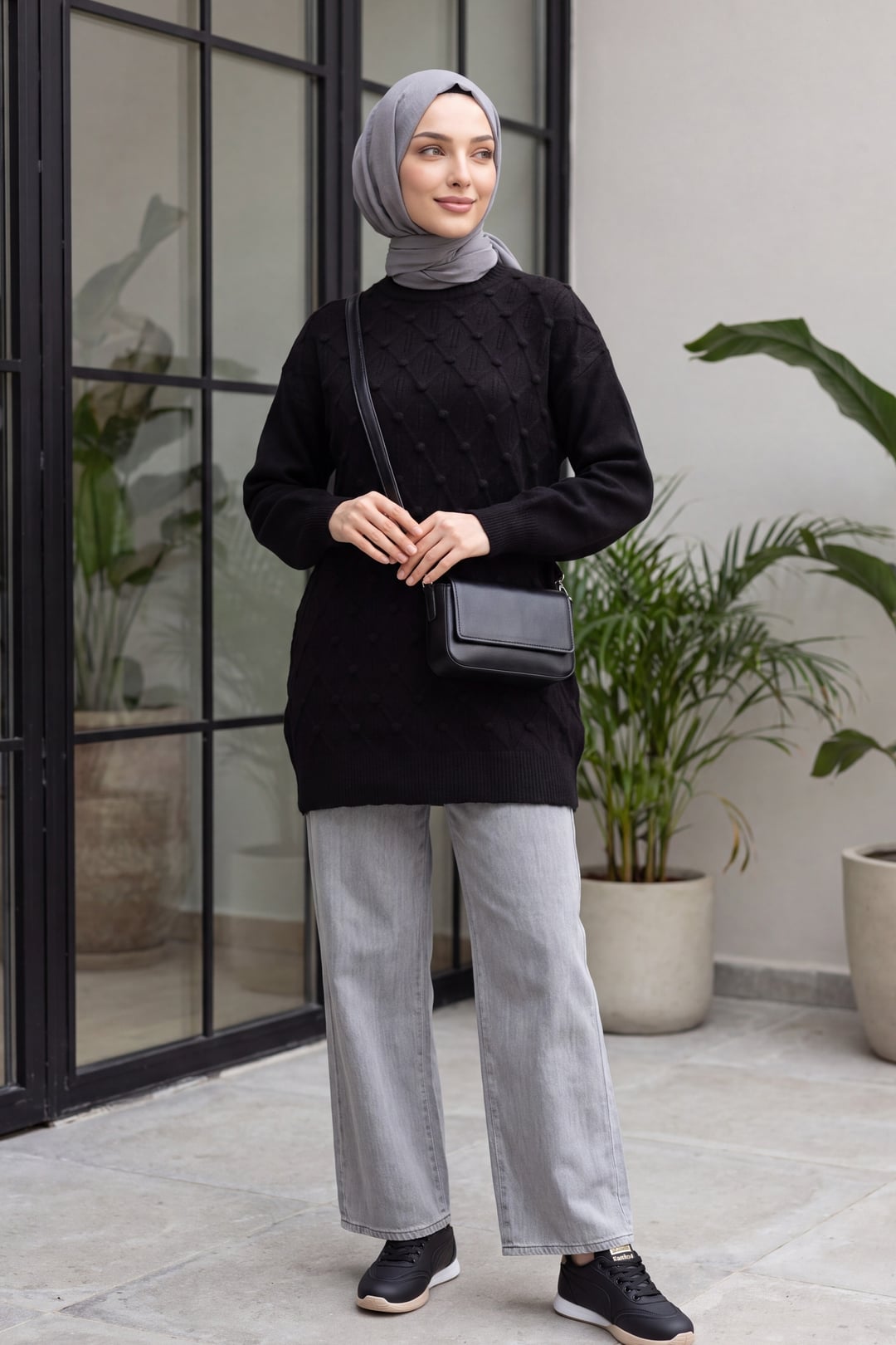 Black Plaid Poncho Tunic with Pom Poms - Podyumplus - by Peralane - photo 3