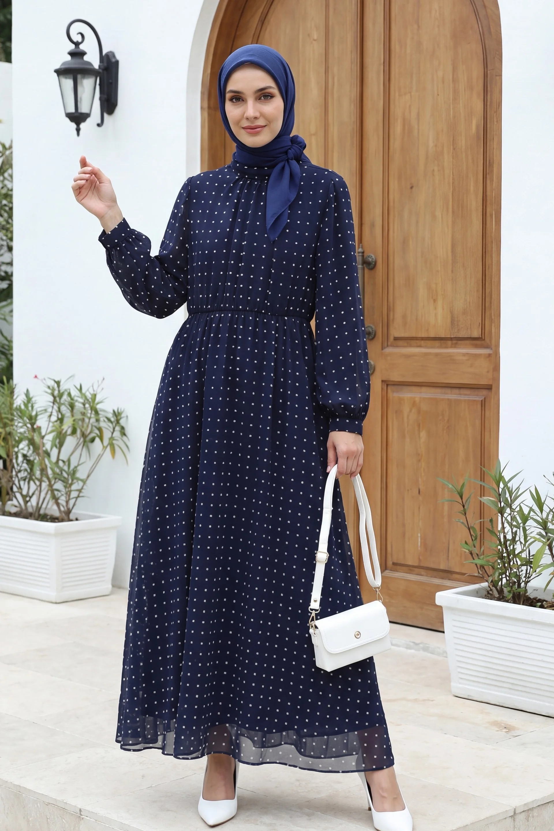 Navy Blue Polka Dot Long Sleeve Midi Dress with Elastic Waist - Podyumplus - by Peralane