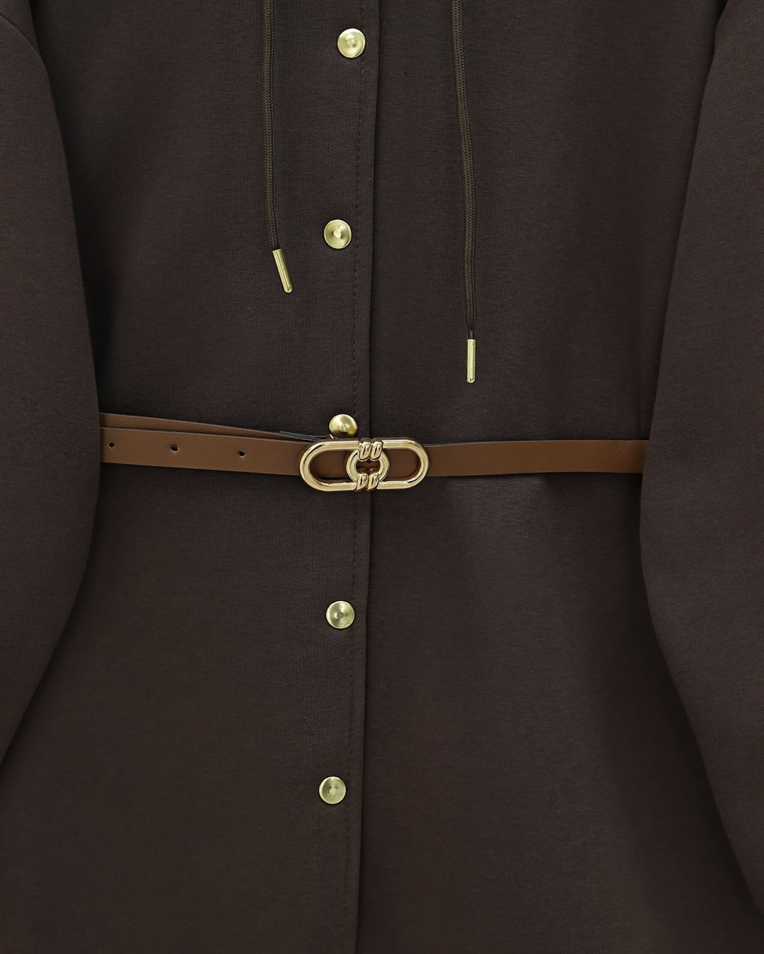 Hooded Snap-Front Belted Three-Thread Sweatshirt Tunic - Brown - Podyumplus - by Peralane - photo 3