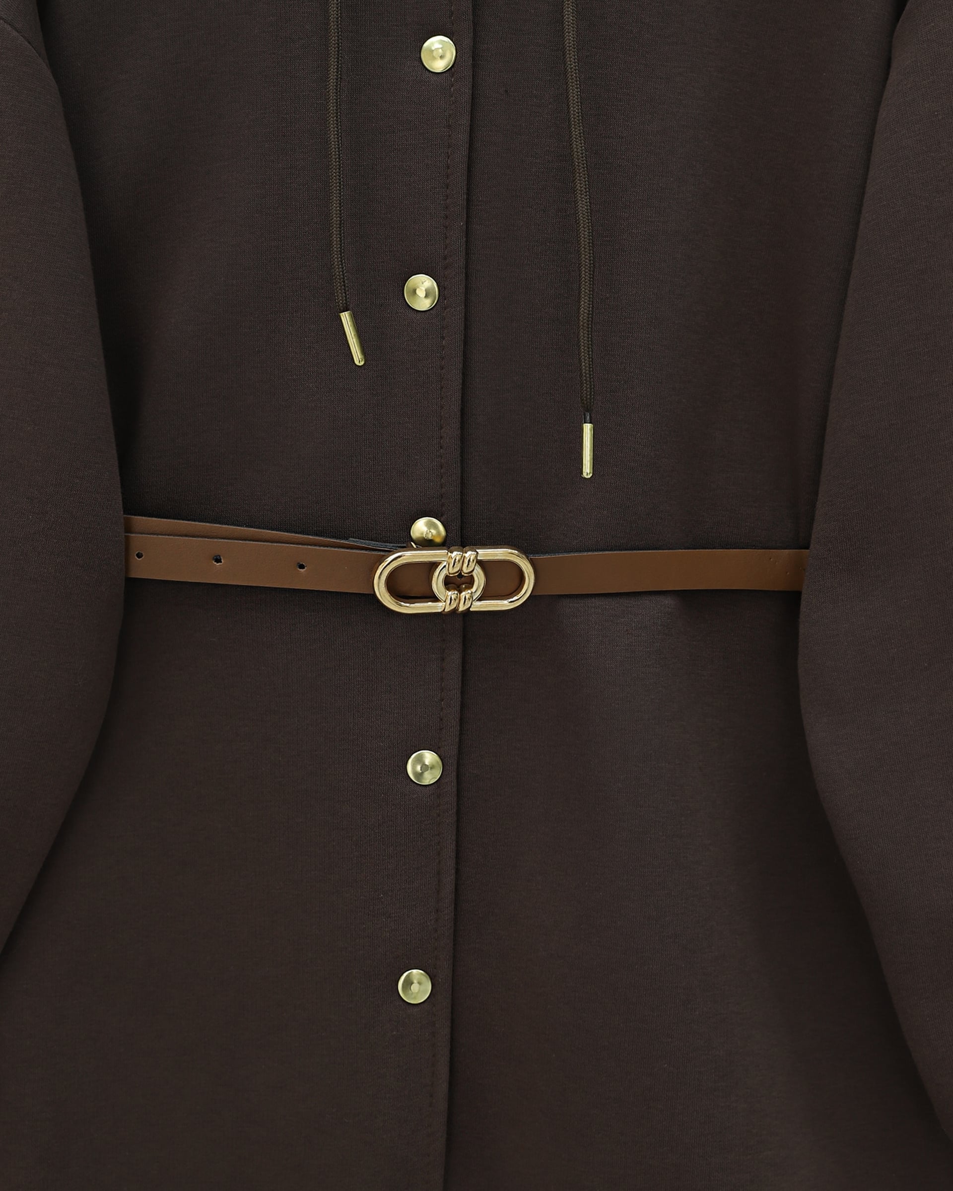 Hooded Snap-Front Belted Three-Thread Sweatshirt Tunic - Brown - Podyumplus - by Peralane - photo 3
