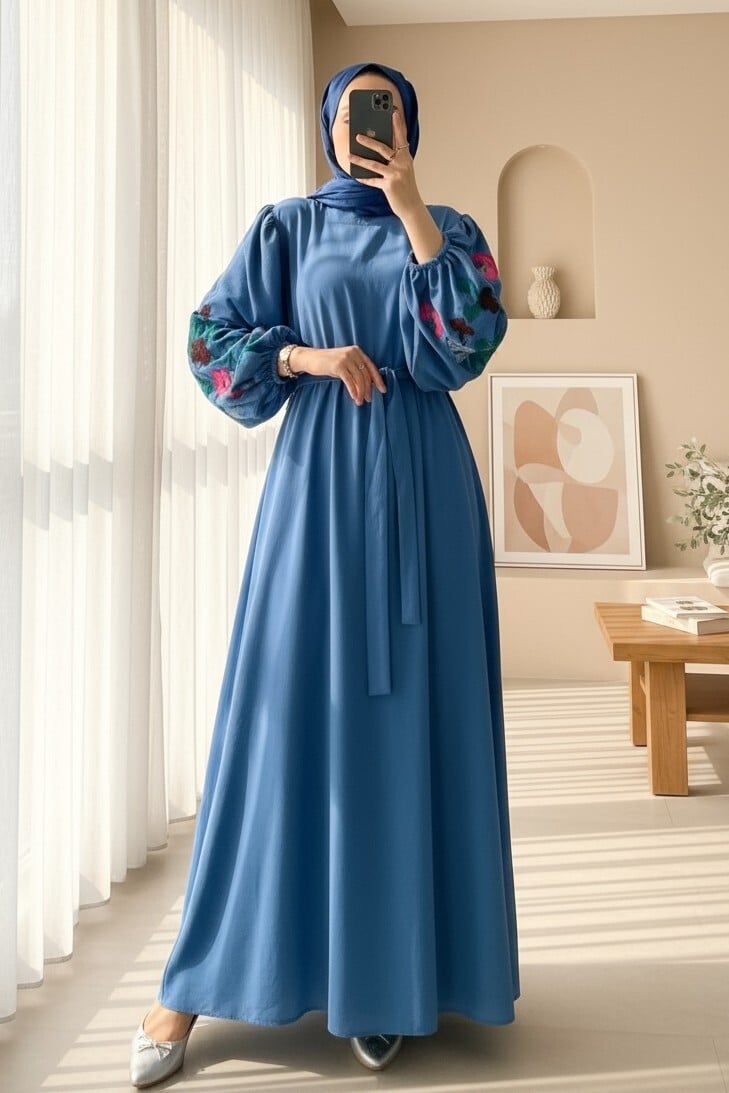 Balloon Sleeve Embroidered Belted Dress - Dark Blue - Podyumplus - by Peralane