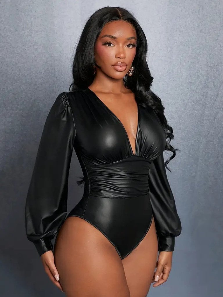 Women's Long-Sleeved Deep V-Neck Faux Leather Bodysuit - Janes - by Peralane - photo 7
