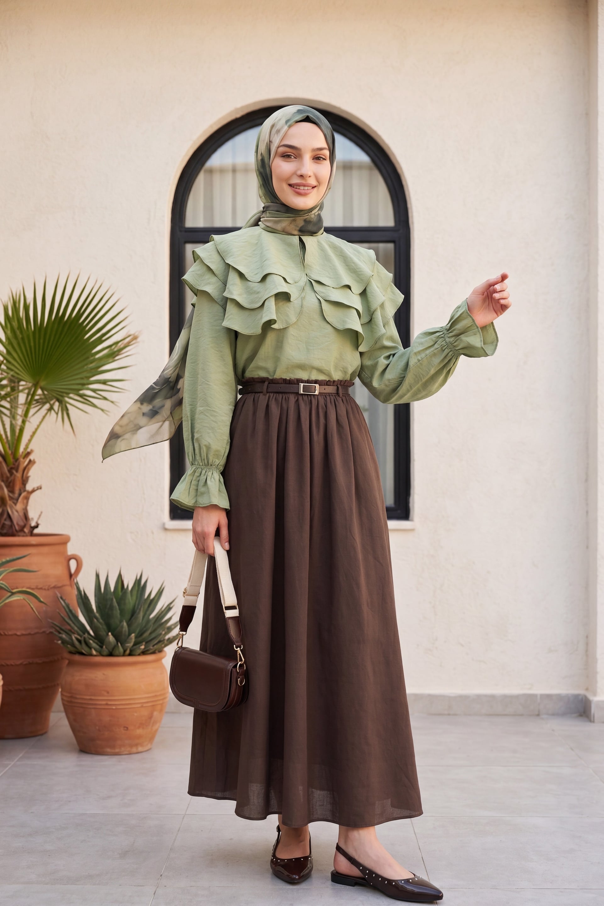 Layered Baby Collar Elastic Sleeve Modal Blouse - Cagla Green - Podyumplus - by Peralane