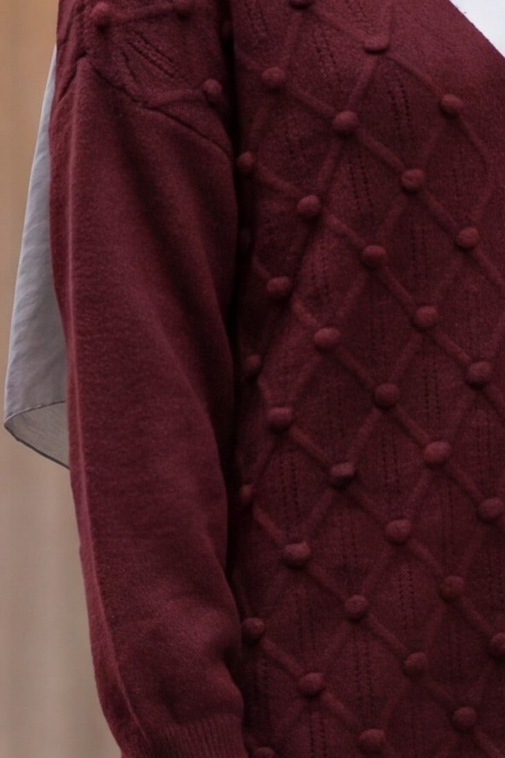 Women's Maroon Knit Cardigan with Raised Bobble Details - Podyumplus - by Peralane - photo 4