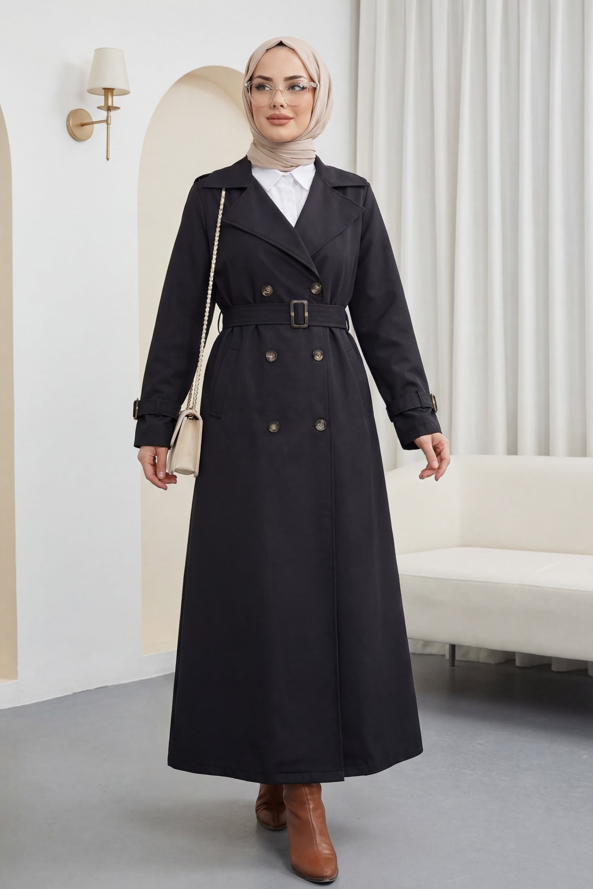 Long Double-Breasted Trench Coat with Belt and Epaulettes - Black - Podyumplus - by Peralane