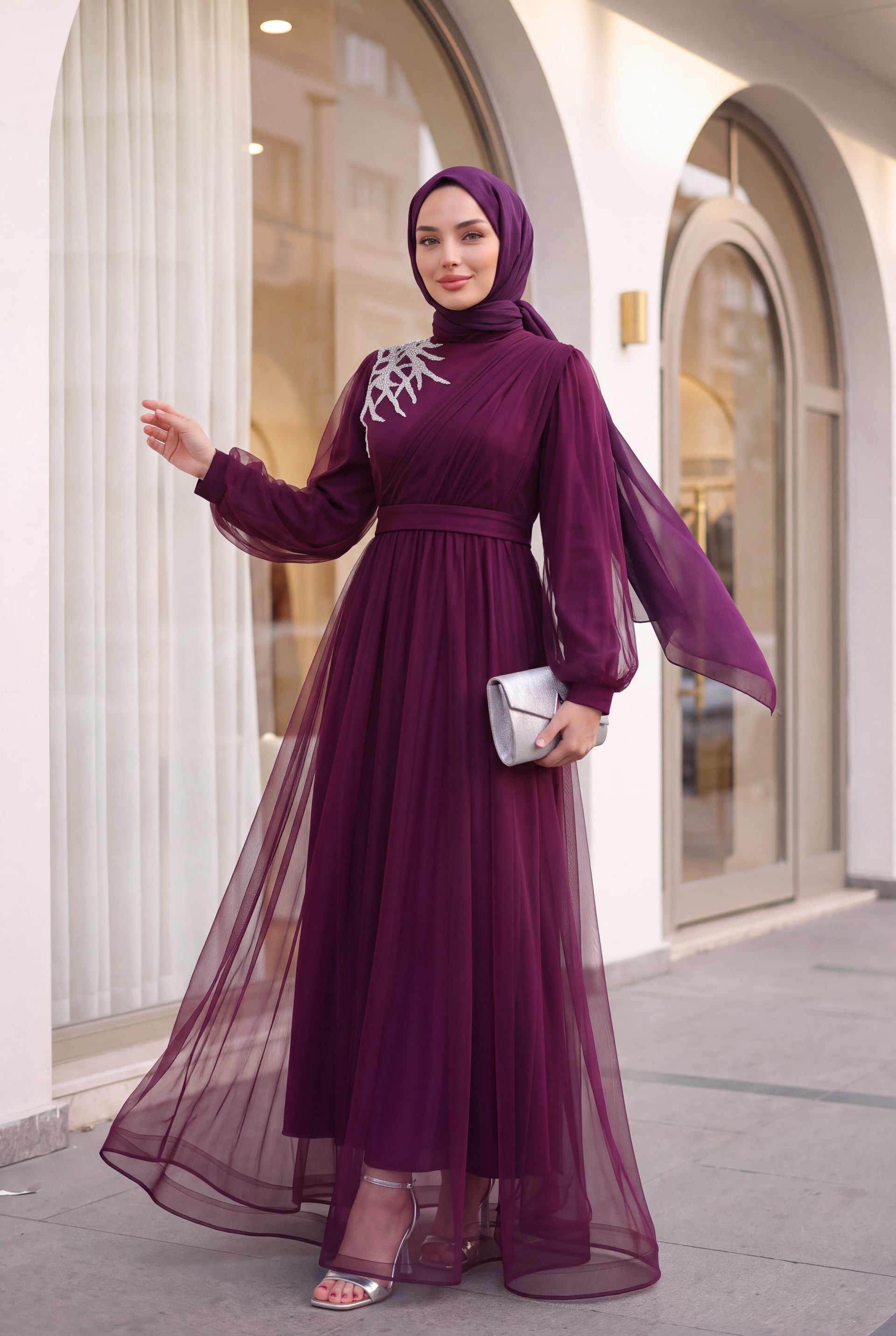 Burgundy Stone-Embellished Draped Belted Tulle Evening Dress - Podyumplus - by Peralane - photo 6