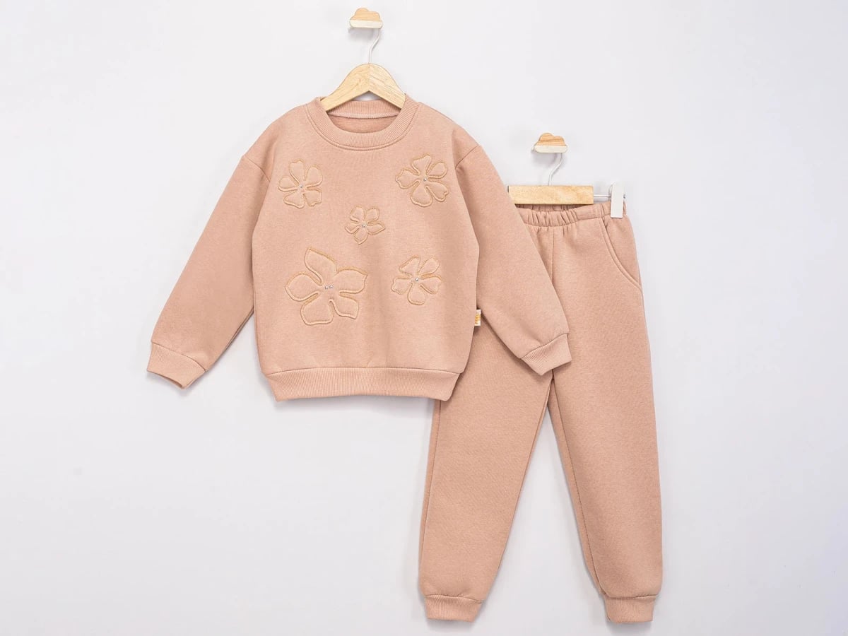 Girls' Beige Fleece Sweatshirt and Trouser Set with Floral Embroidery - Feely Kids - by Peralane