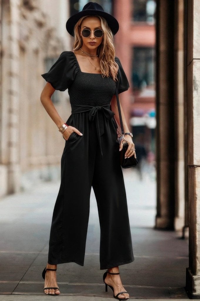 Women's Black Wide-Leg Jumpsuit with Puffed Short Sleeves and Square Neckline - Janes - by Peralane - photo 3
