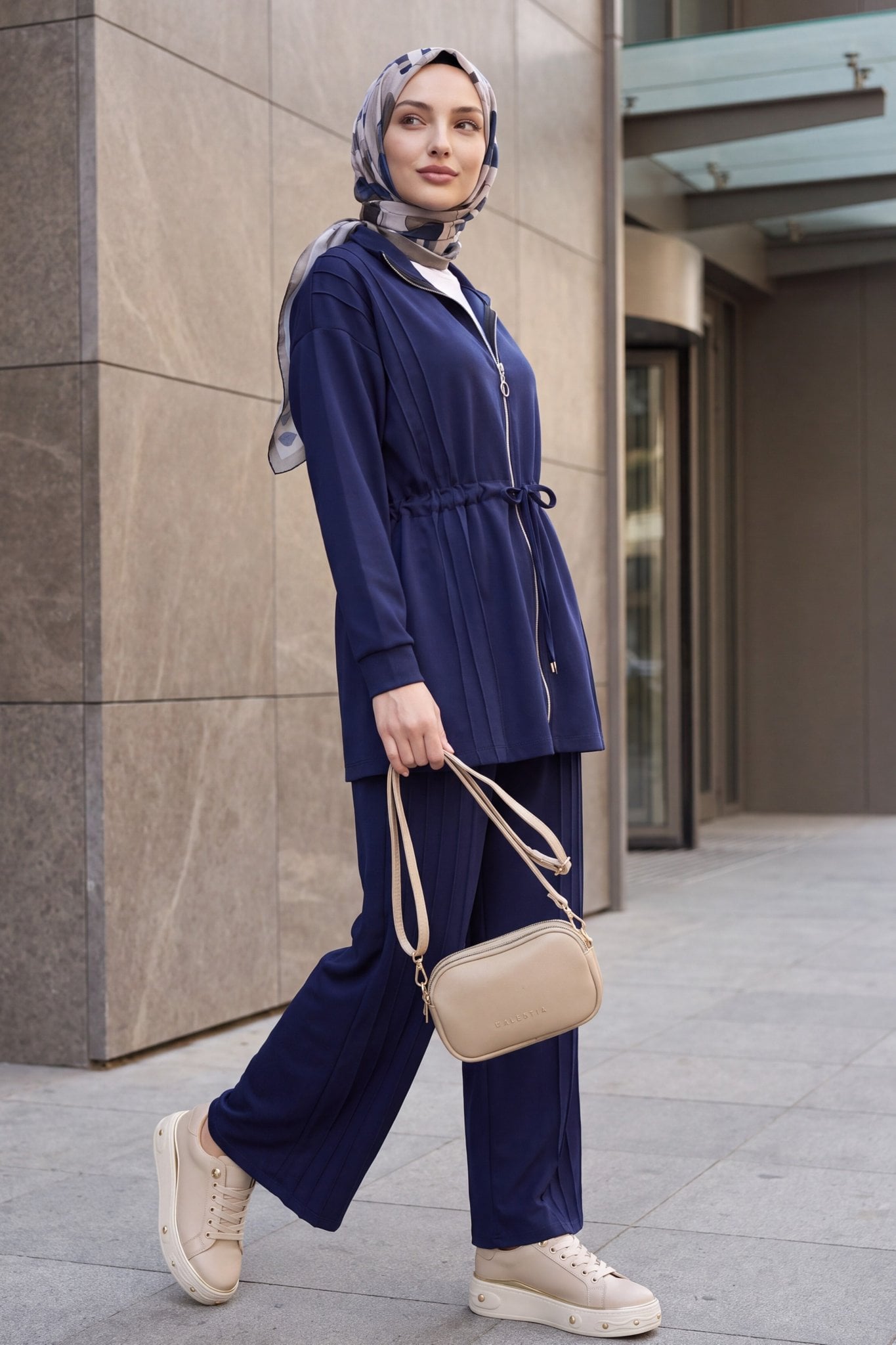 Navy Blue Drawstring Hooded Jacket and Wide-Leg Pants Set for Women - Podyumplus - by Peralane - photo 2