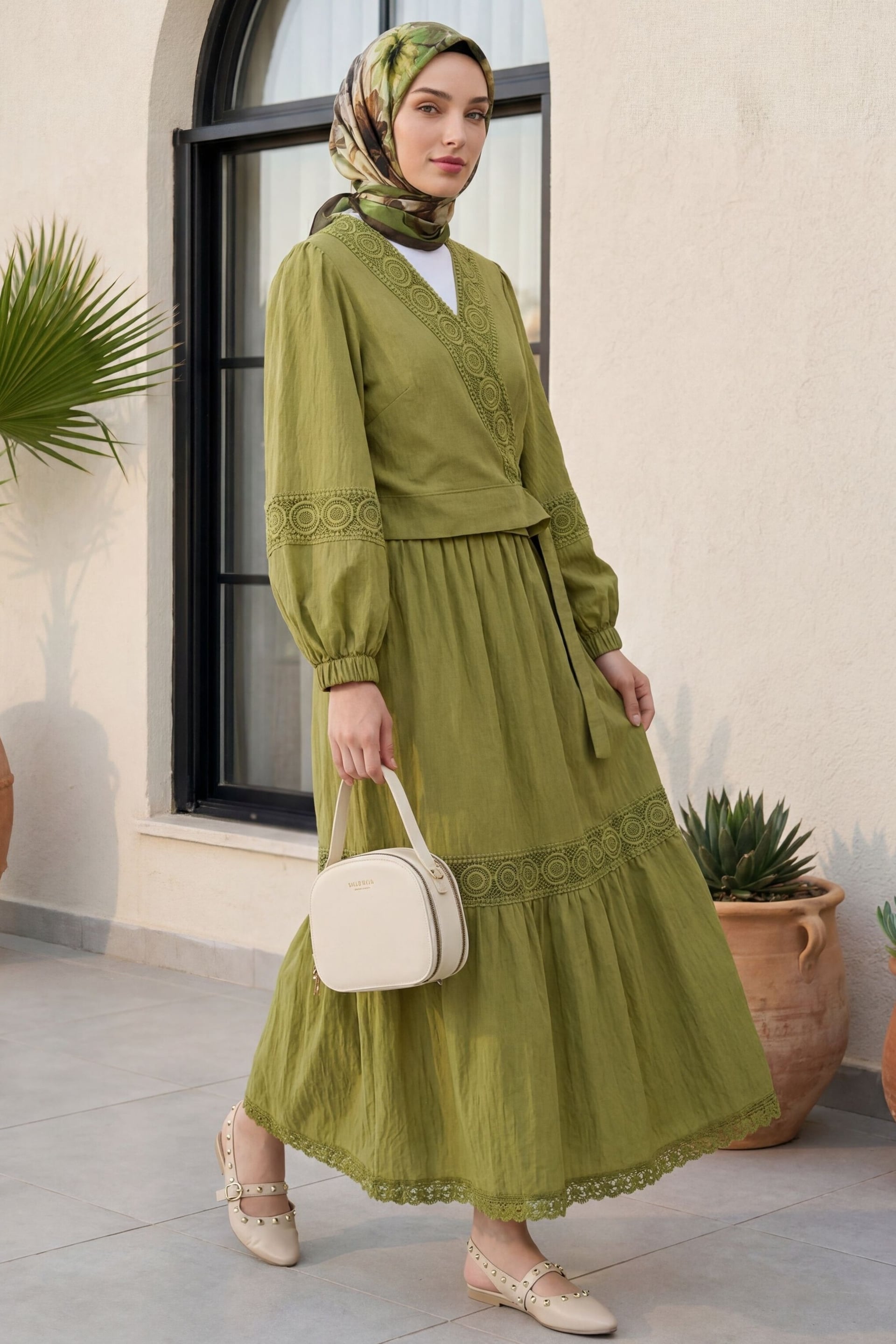 Women's Crochet Lace Trim Tie-Front Blouse and Tiered Skirt Set in Olive Green - Podyumplus - by Peralane - photo 5