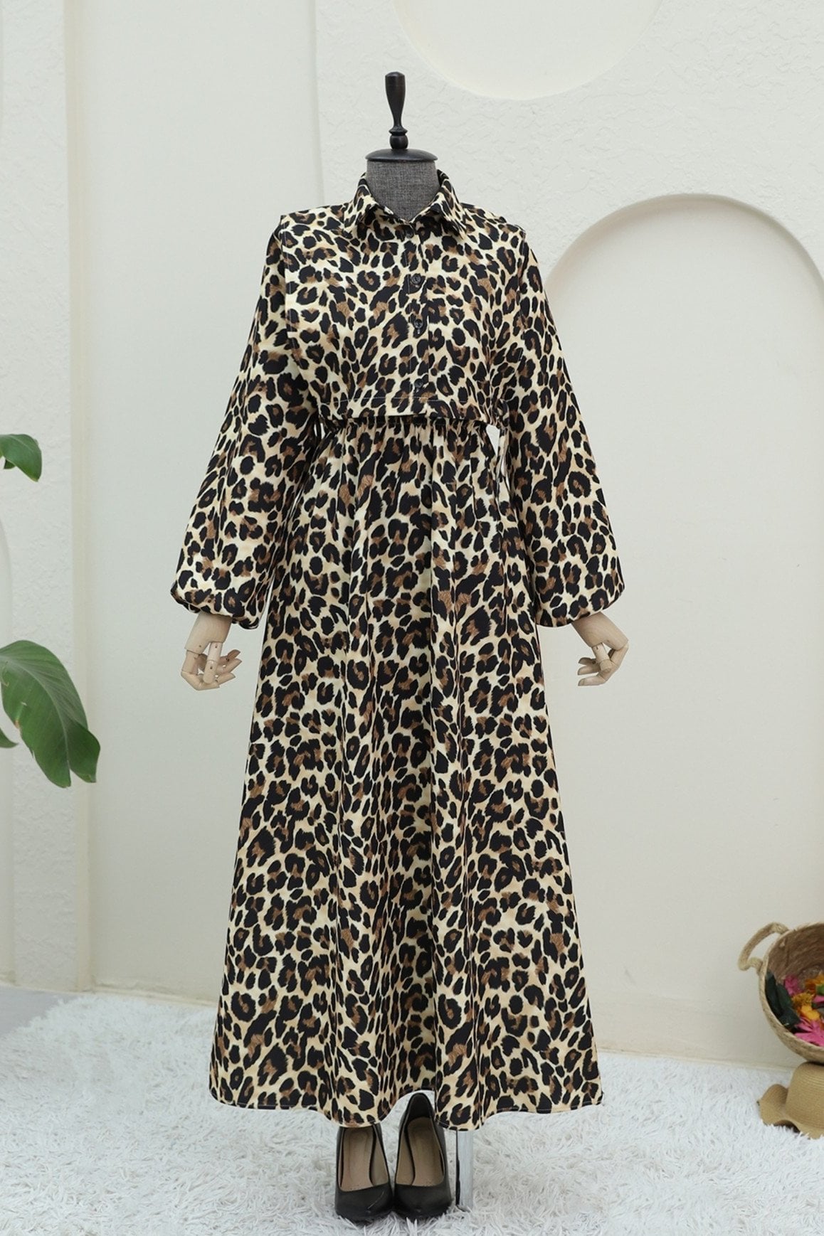 Leopard Print Shirt Detail Dress - Vizon - Podyumplus - by Peralane