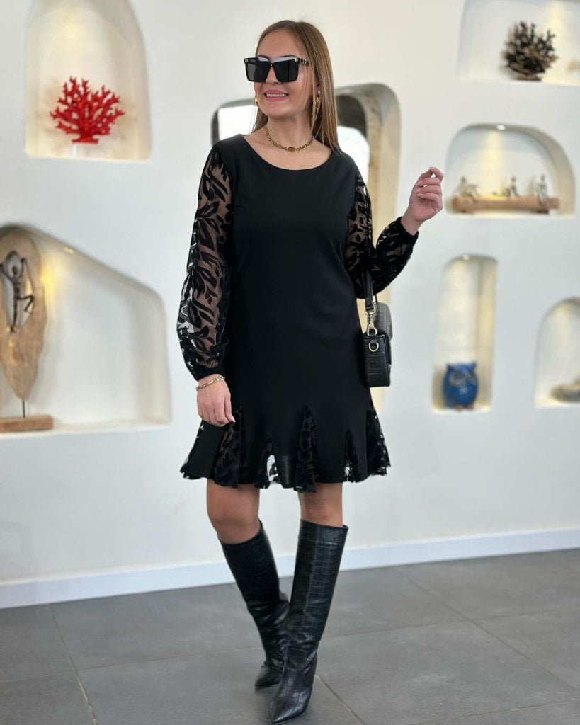 Women's Long Sleeve Round Neck Crepe Dress with Sheer Leaf Sleeves and Hem Detail - Janes - by Peralane - photo 2