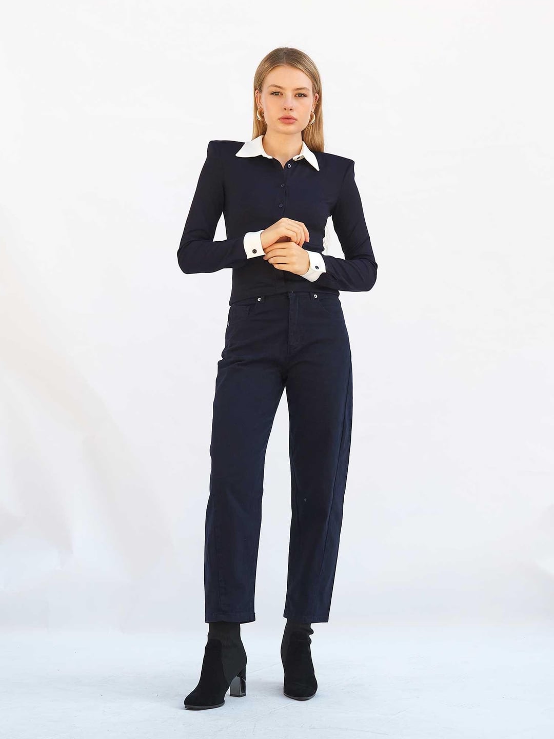 Navy Gabardine Straight-Leg Trousers with Matching Shirt Set - Lefon - by Peralane - photo 2