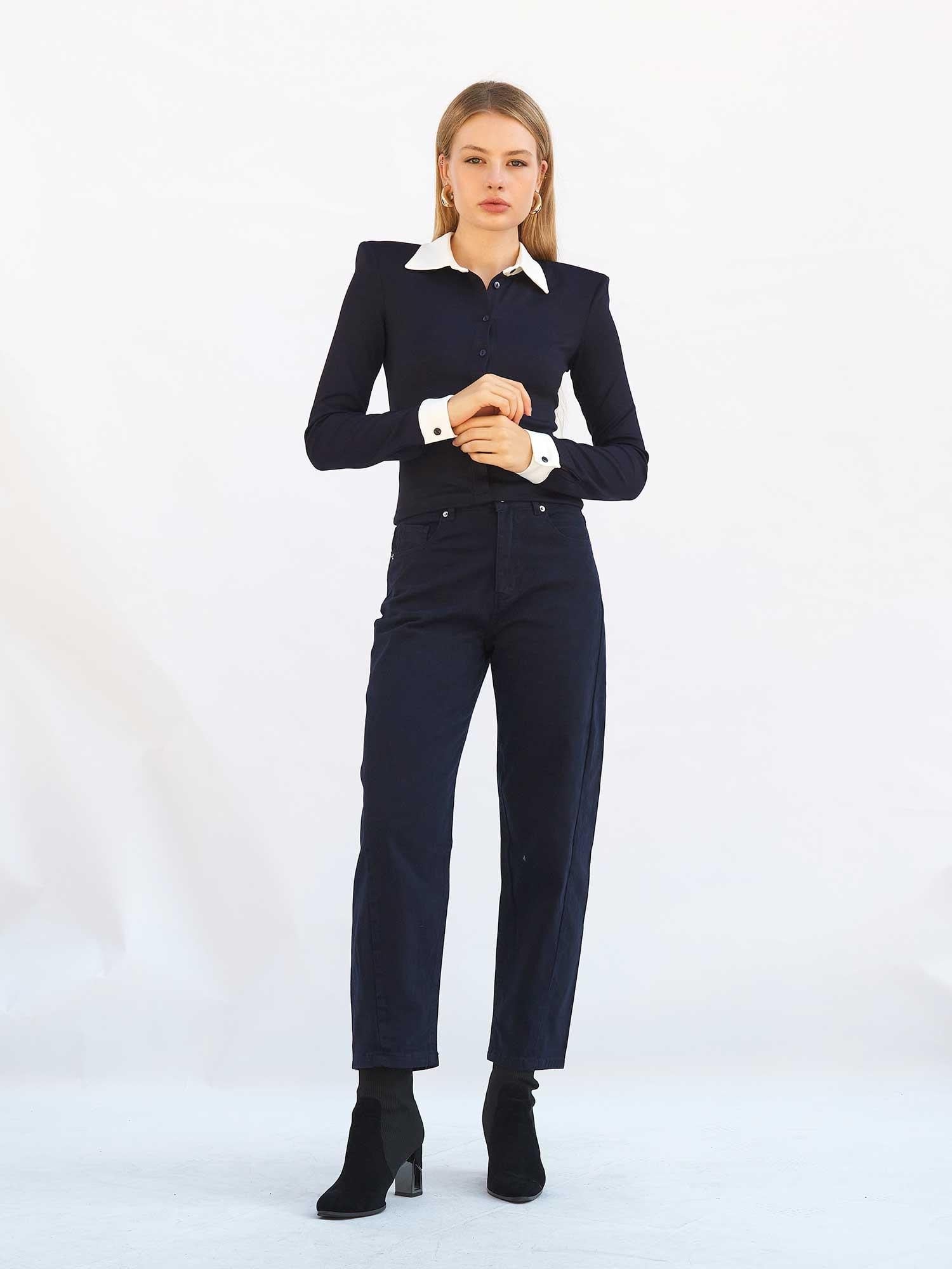 Navy Gabardine Straight-Leg Trousers with Matching Shirt Set - Lefon - by Peralane - photo 2