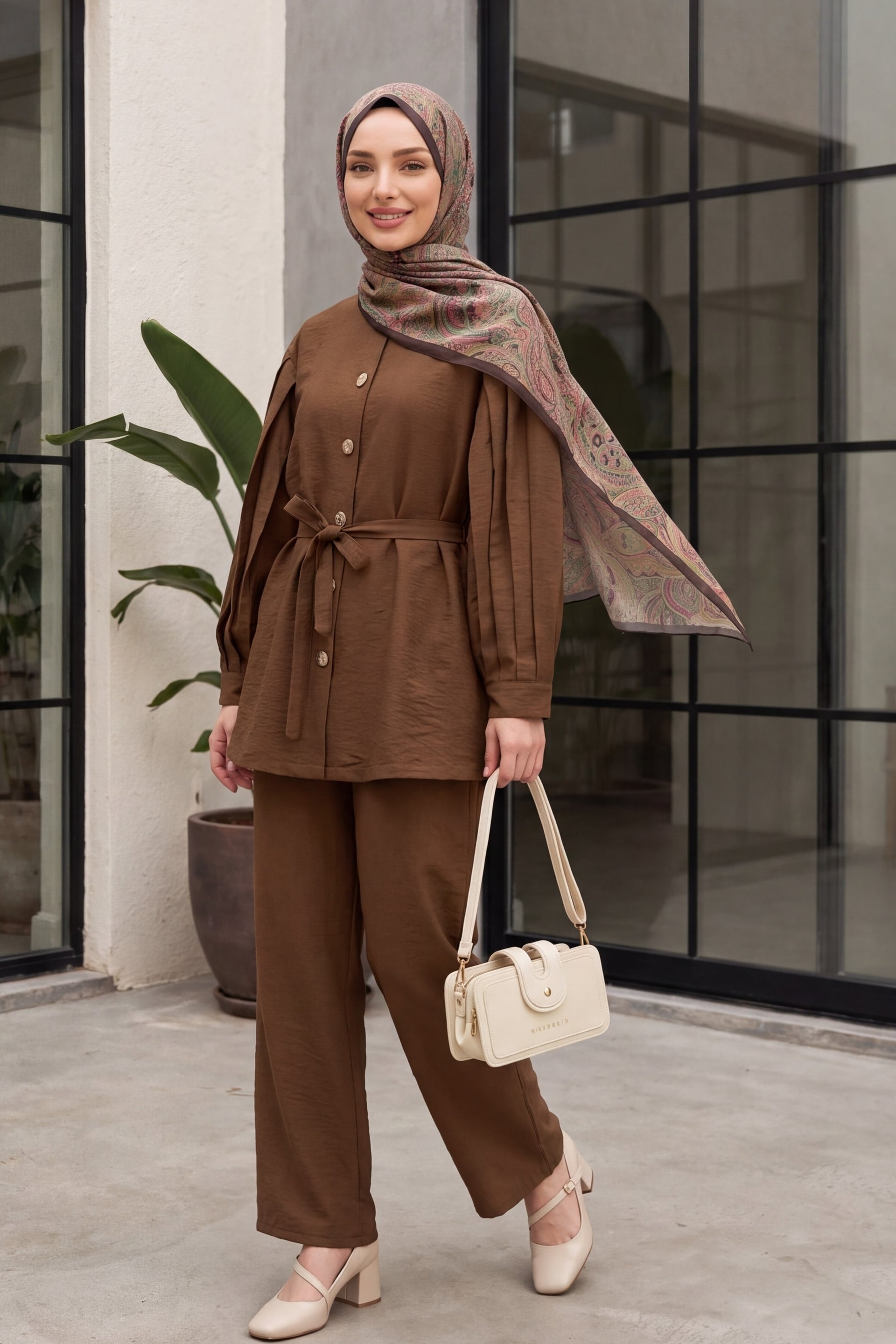 Women's Brown Two-Piece Set with Long Sleeves and Trousers, Melon Sleeve, Belted Waist - Lena - Podyumplus - by Peralane - photo 3