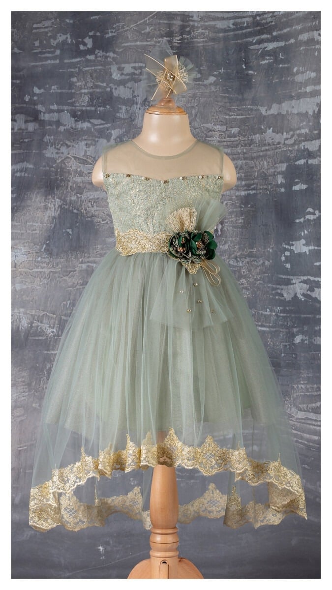 Girls' Sage Green Lace-Embellished Party Dress with Gold Trim - 4 Pack (6-12Y) - Tivido - by Peralane