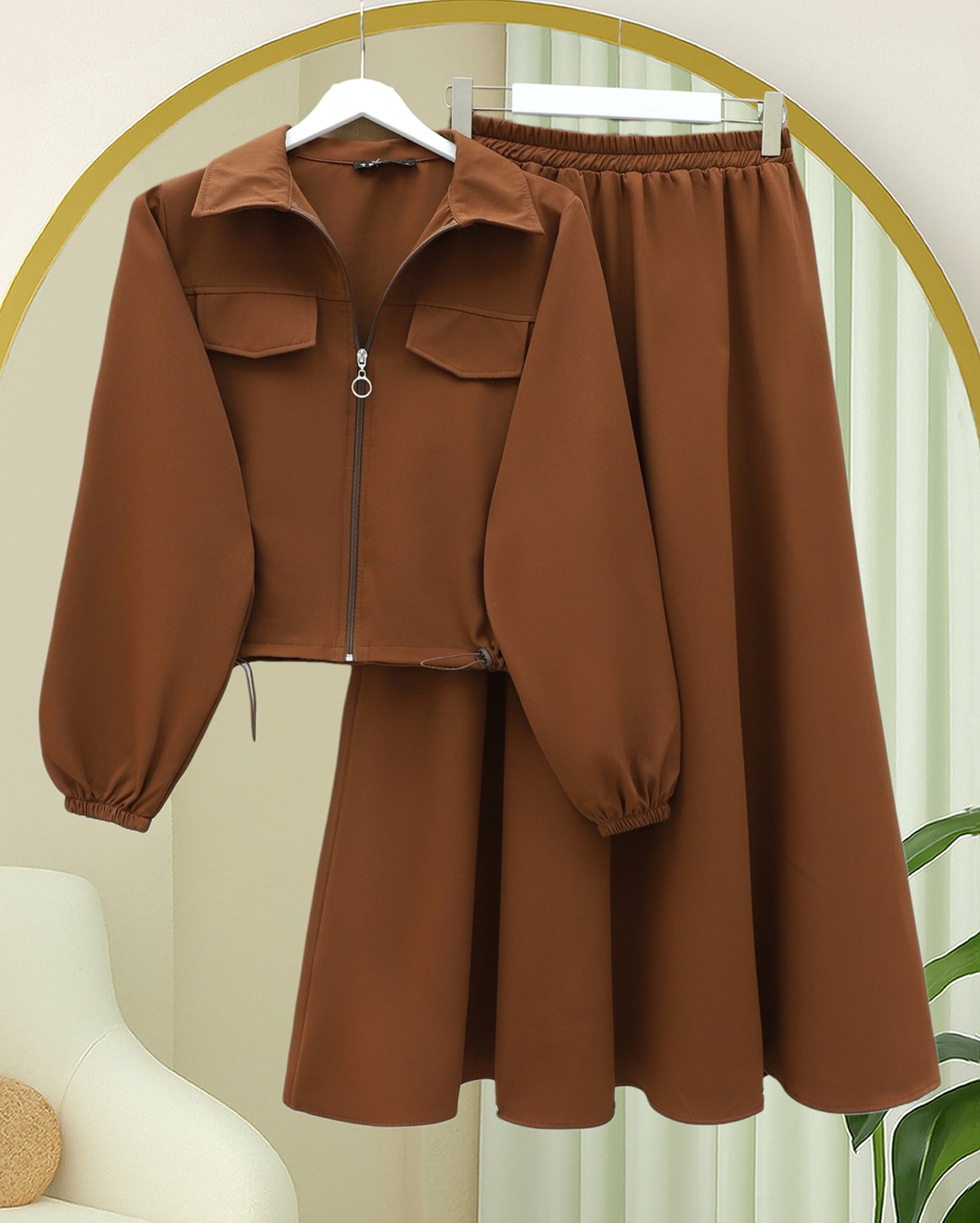Zip-Front Double Knit Two-Piece Set with Skirt - Brown - Podyumplus - by Peralane - photo 2