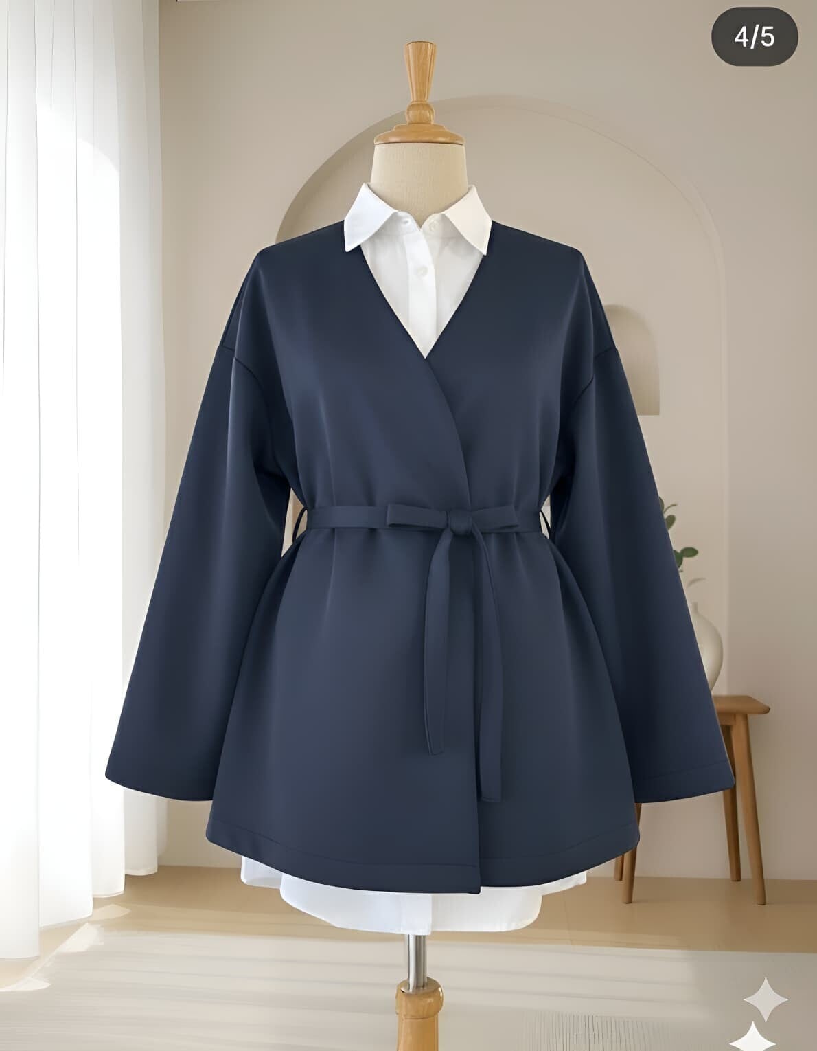 Navy Blue Scuba Kimono with Self-Tie Belt - Podyumplus - by Peralane - photo 3