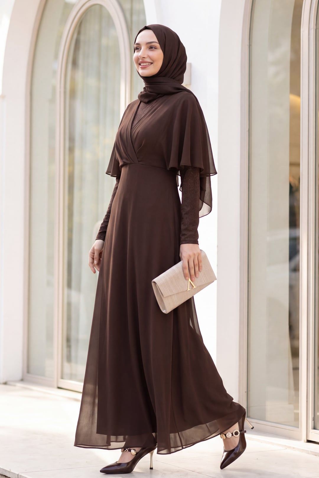 Sequin and Tulle Detail Long Evening Dress - Brown - Podyumplus - by Peralane - photo 2