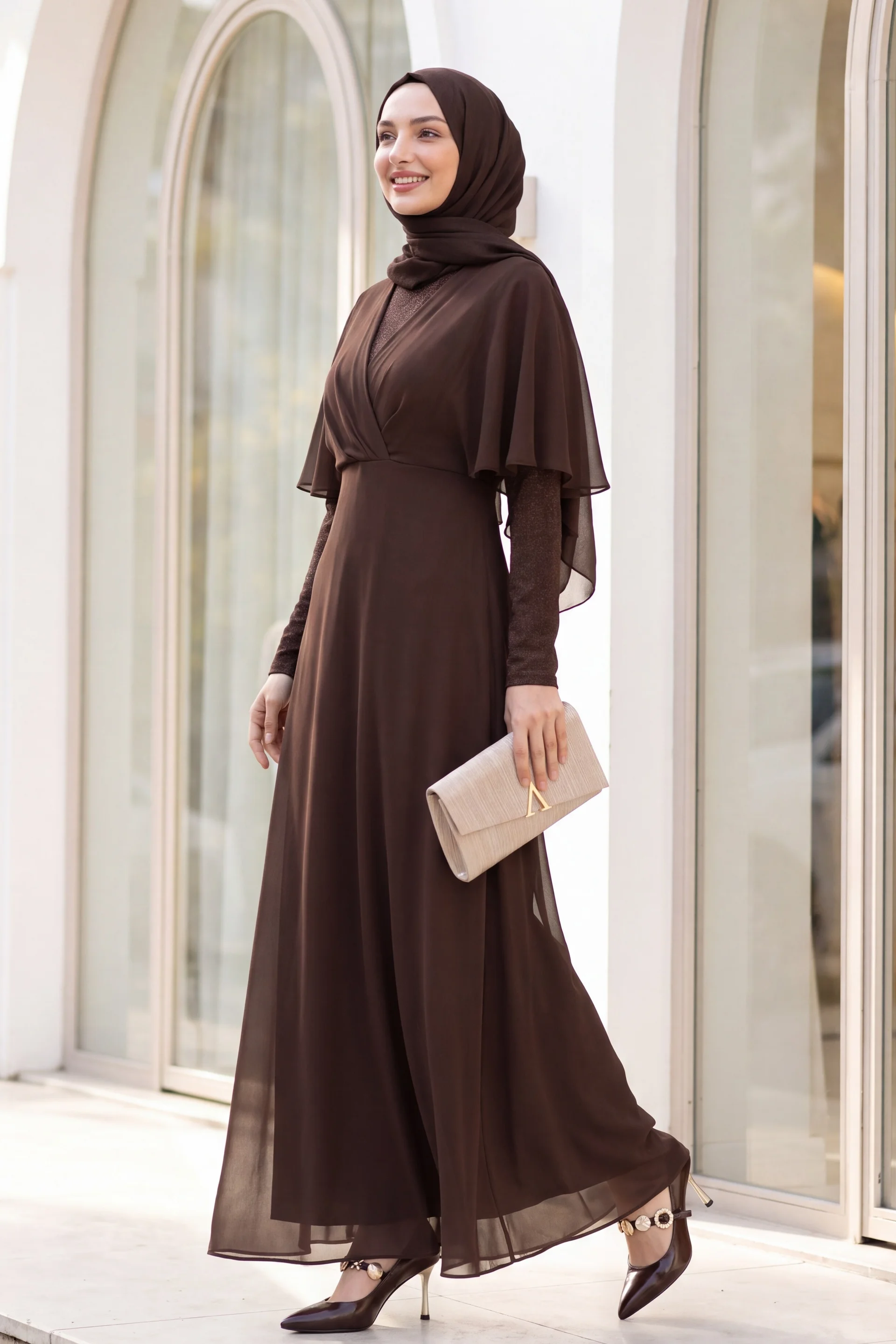 Sequin and Tulle Detail Long Evening Dress - Brown - Podyumplus - by Peralane - photo 2