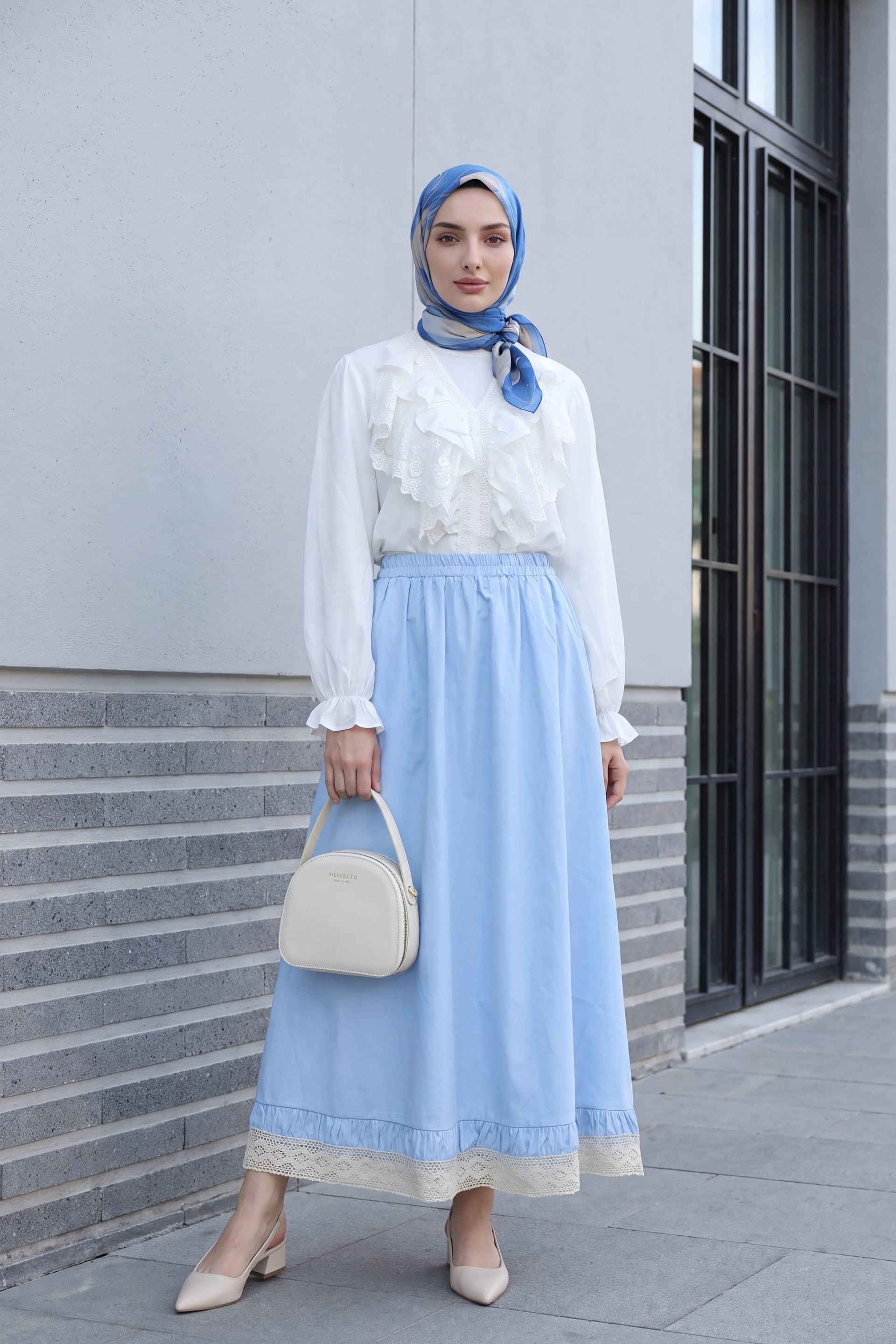 Elasticated Waist Poplin Skirt with Lace Trim and Pockets - Baby Blue - Podyumplus - by Peralane - photo 4
