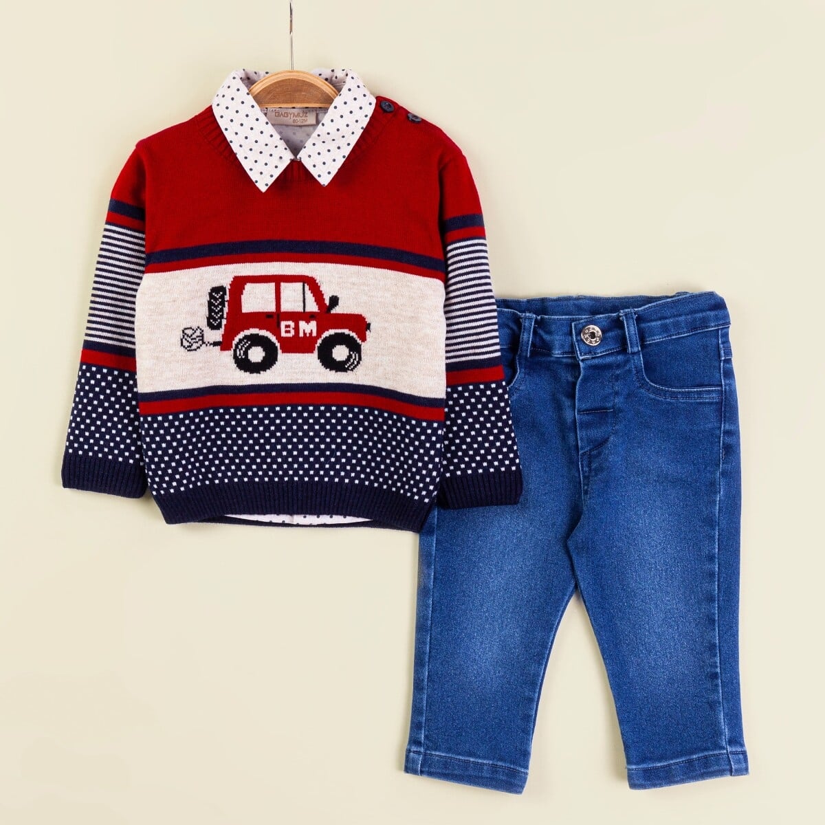 Boys' Knit Sweater and Denim Trousers Set – Khaki - Babymuz - by Peralane